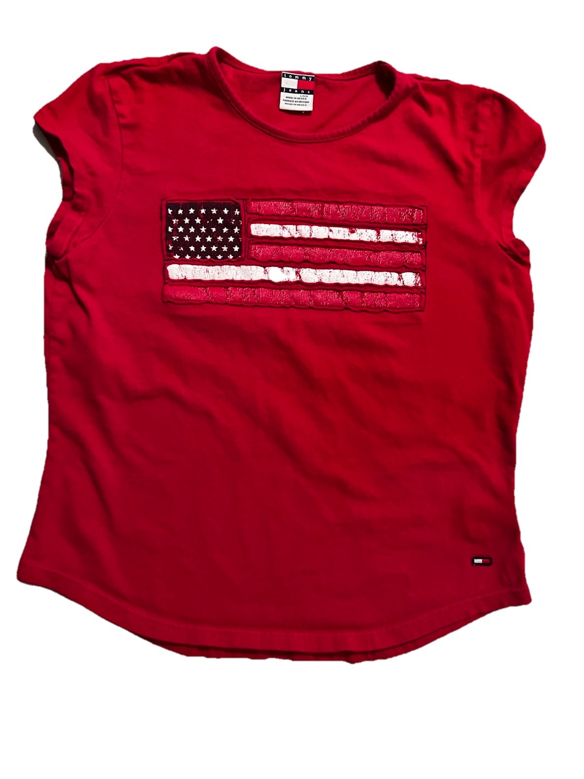 VTG Tommy Hilfiger Flag Shirt Girls Short Sleeve Shirt – Sz L 4th Of July