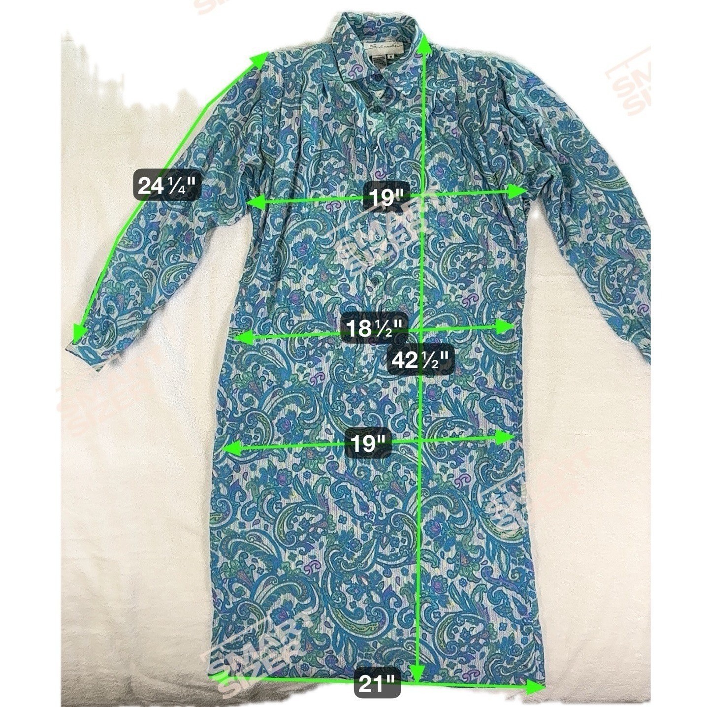 Schrader Vintage Paisley Midi Shirt Dress 8 Blue Green Pockets Button Front 80s