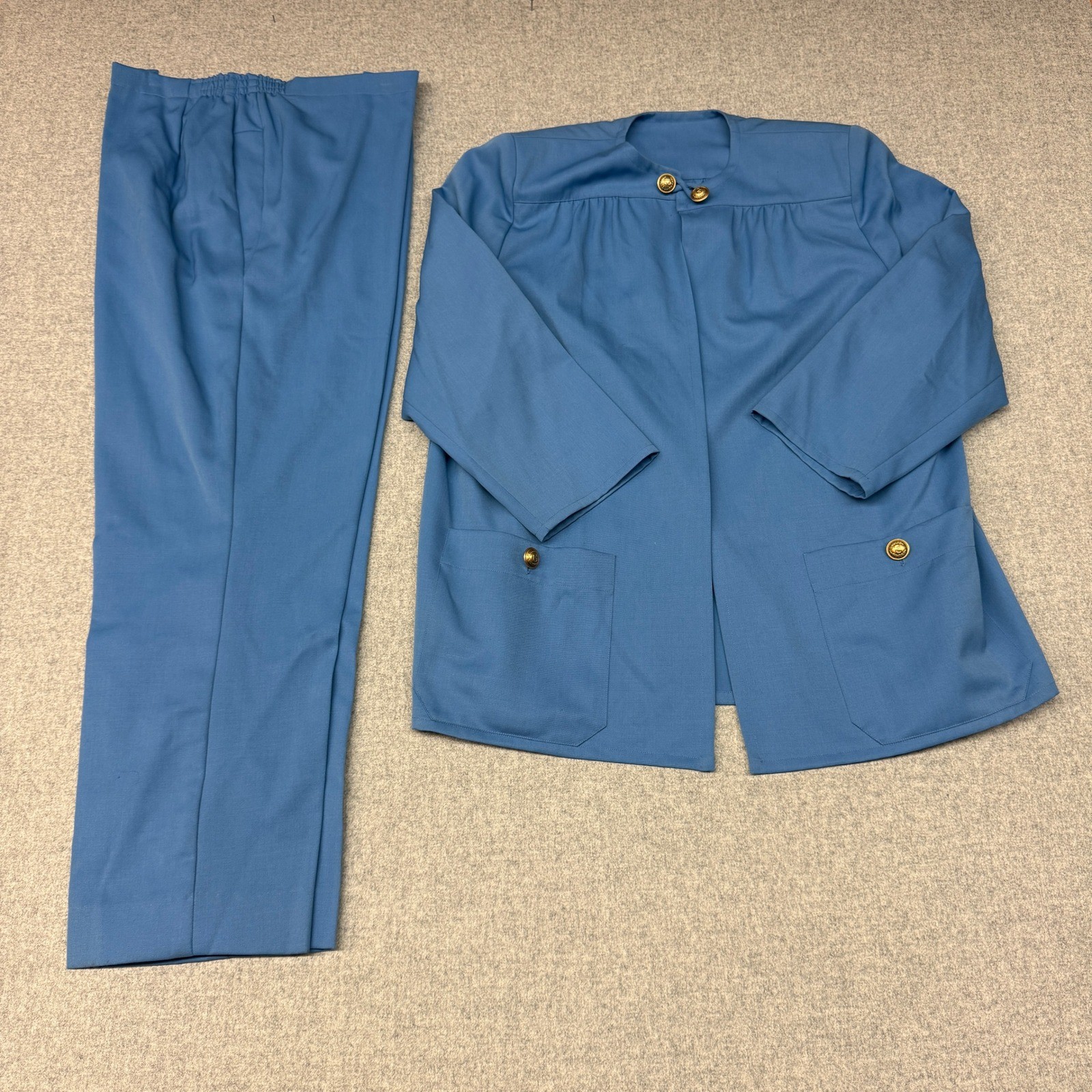 Vintage Blue Pant Suit Set Jacket & Trousers Gold Crest Buttons Professional 2PC