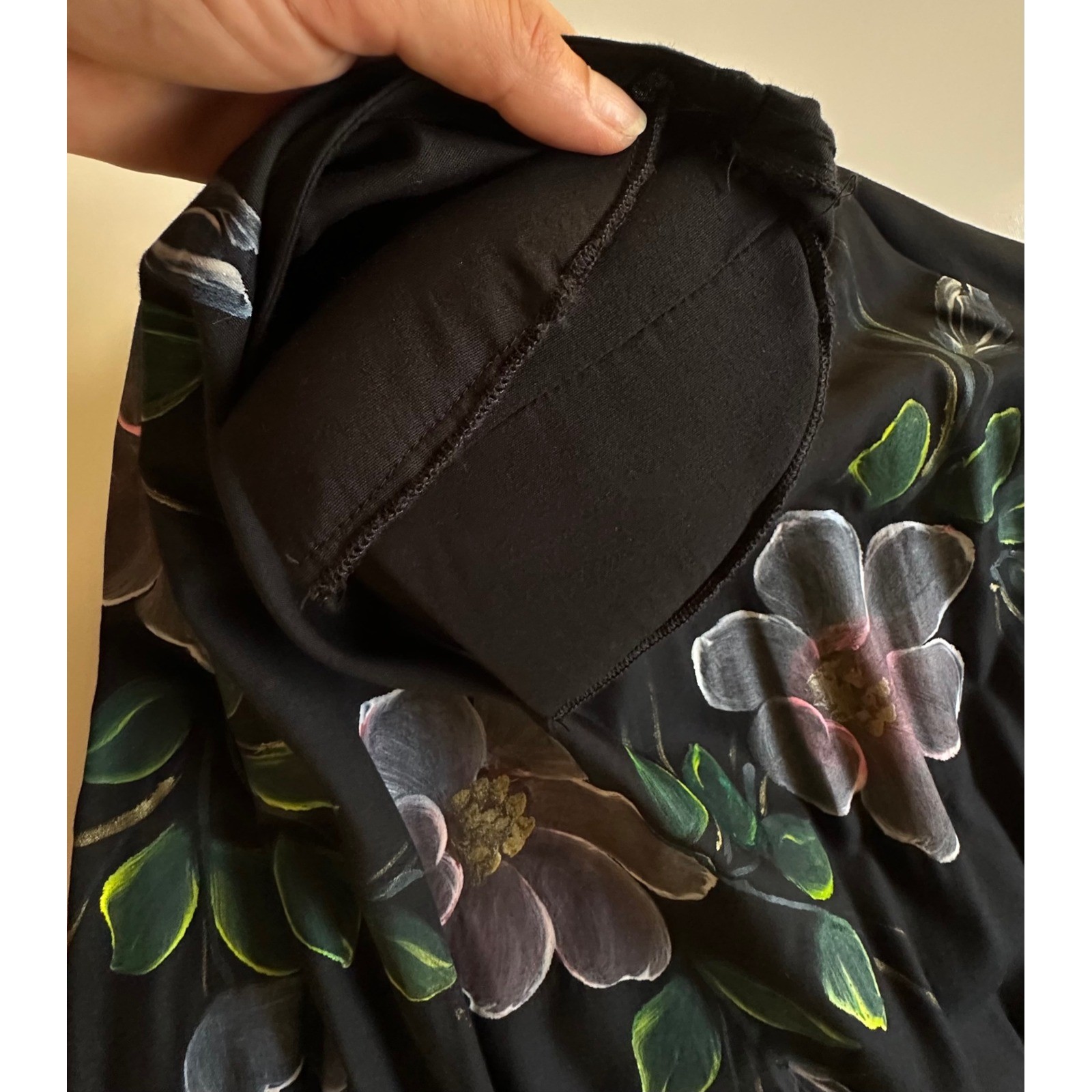 Phoenix Vintage Hand Painted Floral Black Midi Dress Shoulder Pads Tie Waist OS