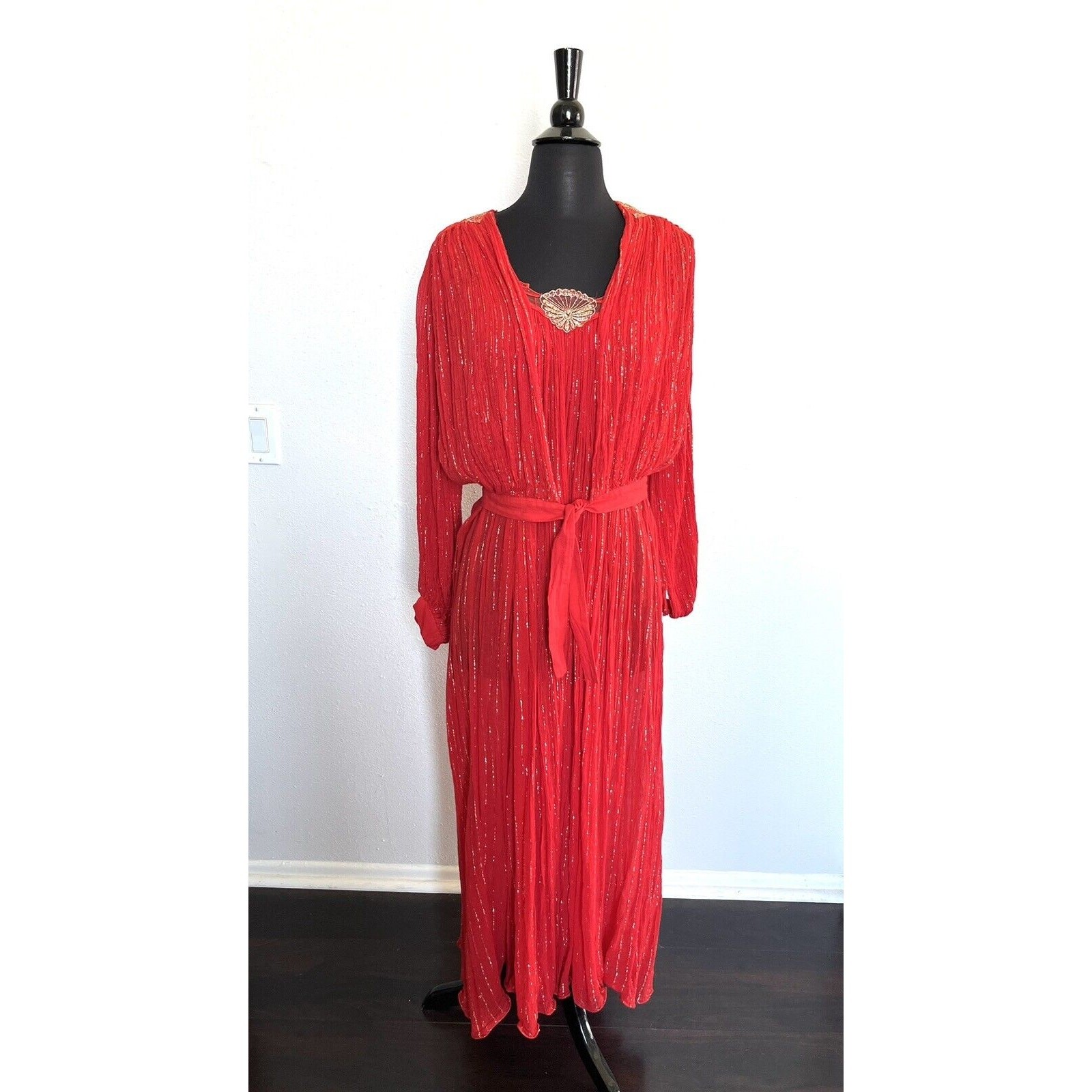 Vintage Rare Maxi Dress M Cotton Gauze Made in Greece Red Gold Thread Boho