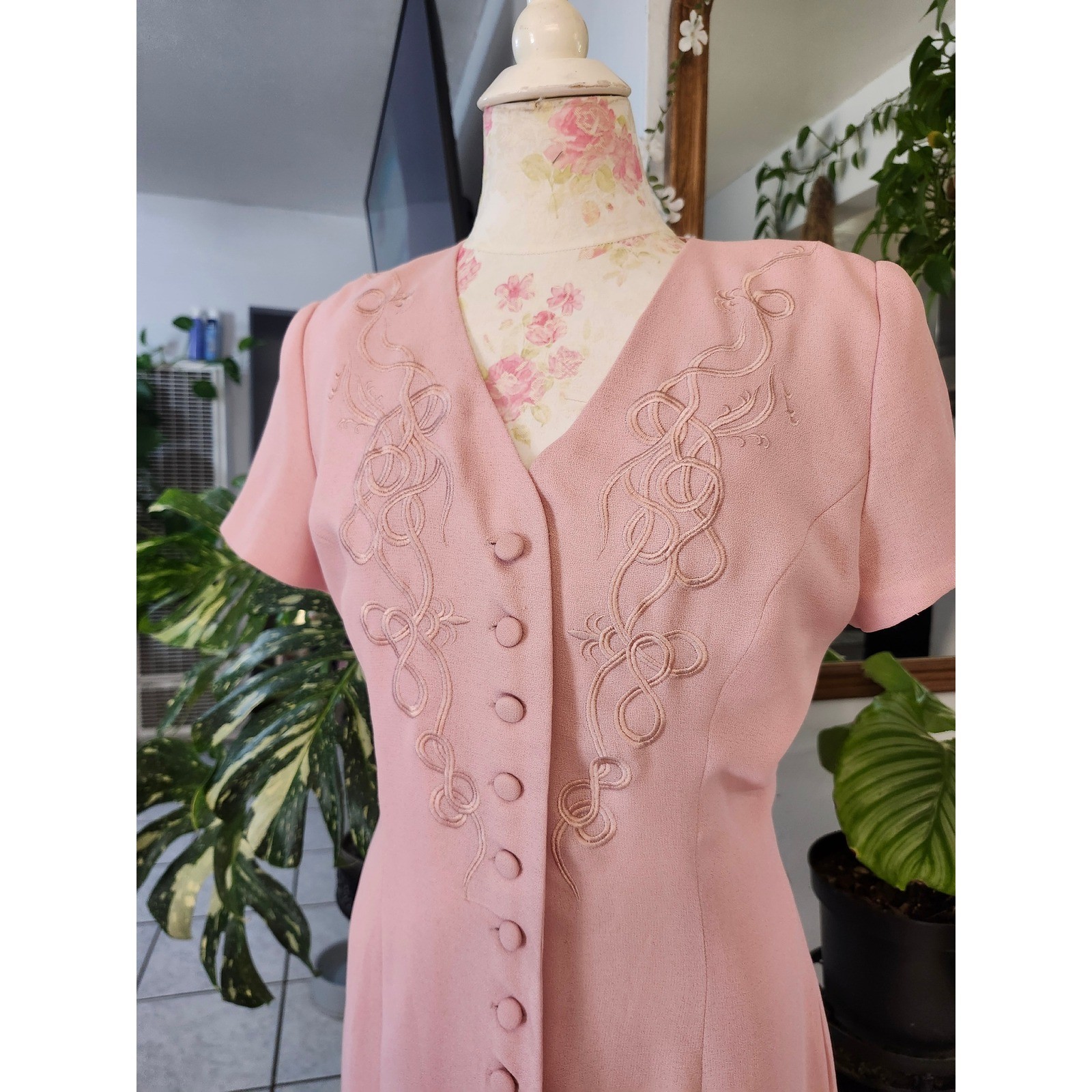 Vintage Maggy London Blush Pink Maxi Dress Size 8 Button Front Romantic Formal