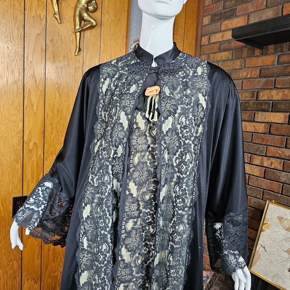 Vtg 60s Gothic Illusion Lace Romantic Peignoir Nightgown Robe Hostess Gown OS