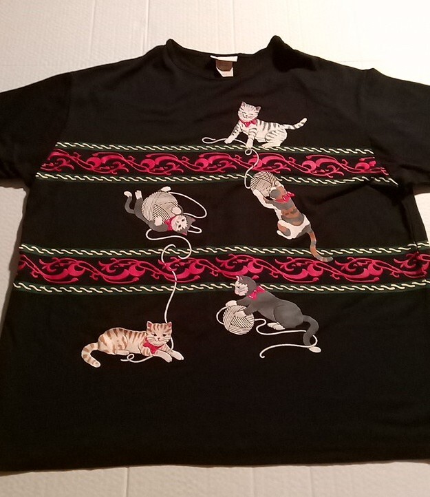 VTG Black Shirt Cat Kittens All Over Print Front & Back Size 2XL