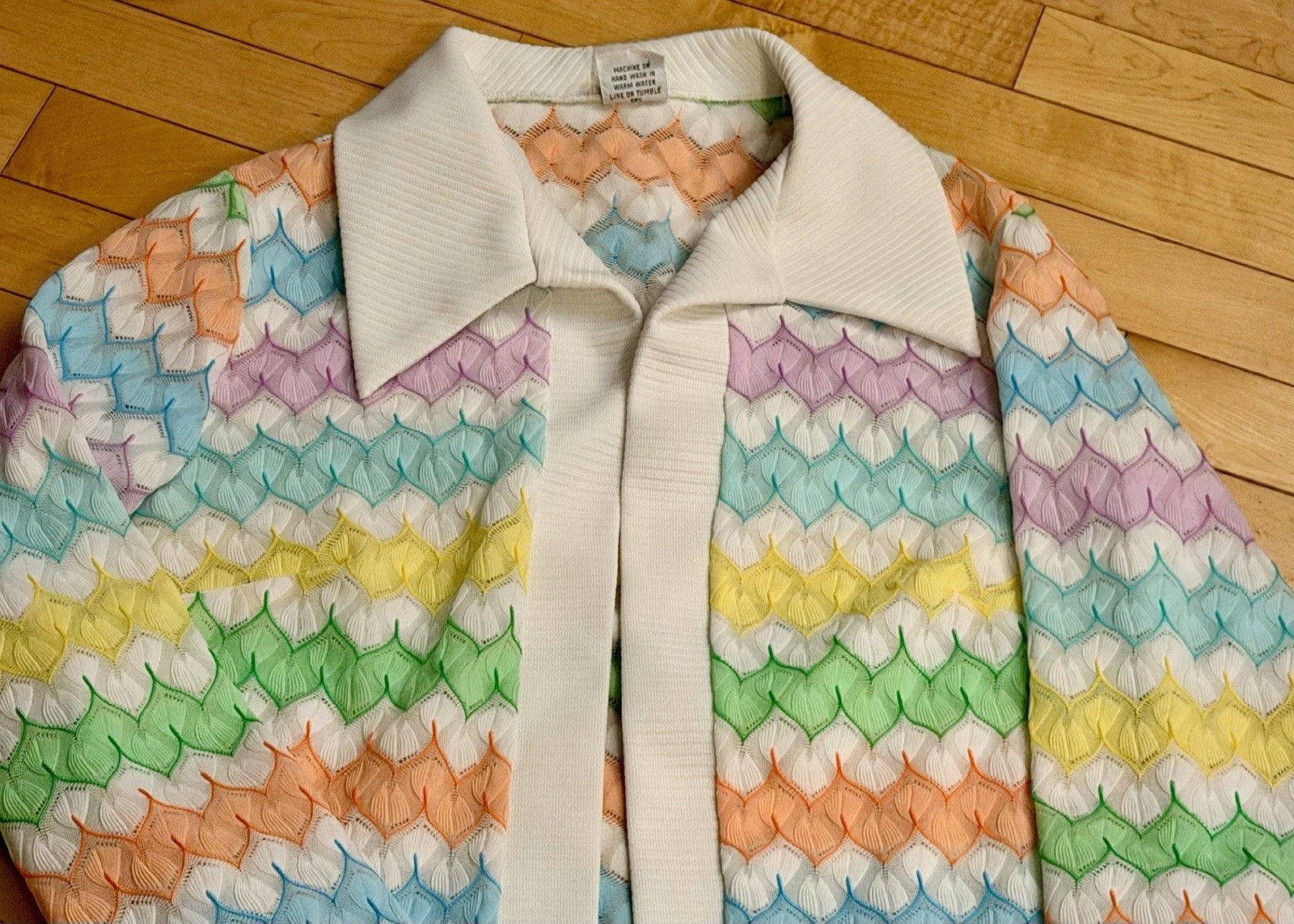 Vintage 1970s Rainbow Chevron Open Knit Cardigan Mod Textured Sweater S/M 19×21
