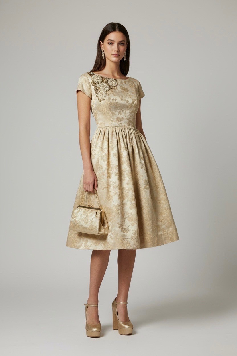 Dress XS Vtg 50s EMBOSSED LEAF BEADED SEQUIN FLORAL Applique PINUP COCKTAIL Gold