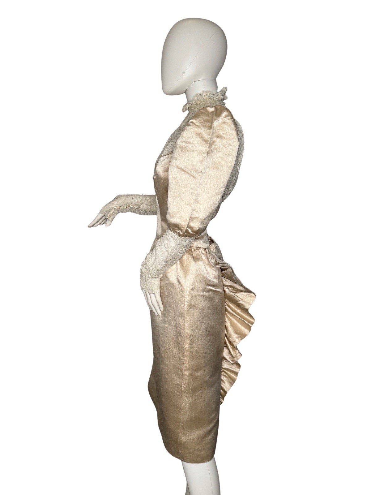 Vintage Size S Victorian Revival Wedding Dress Champagne Satin Lace Bustle Back