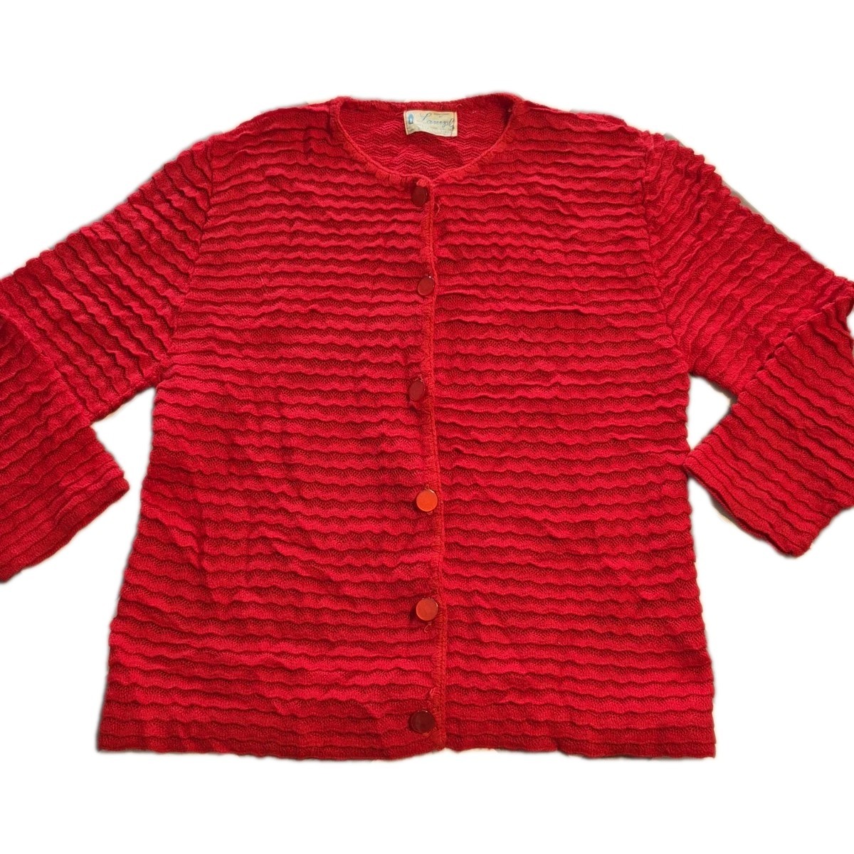 Vintage 1960s Lampl Scarlet Red Ruffled Cardigan USA 3/4 Sleeve