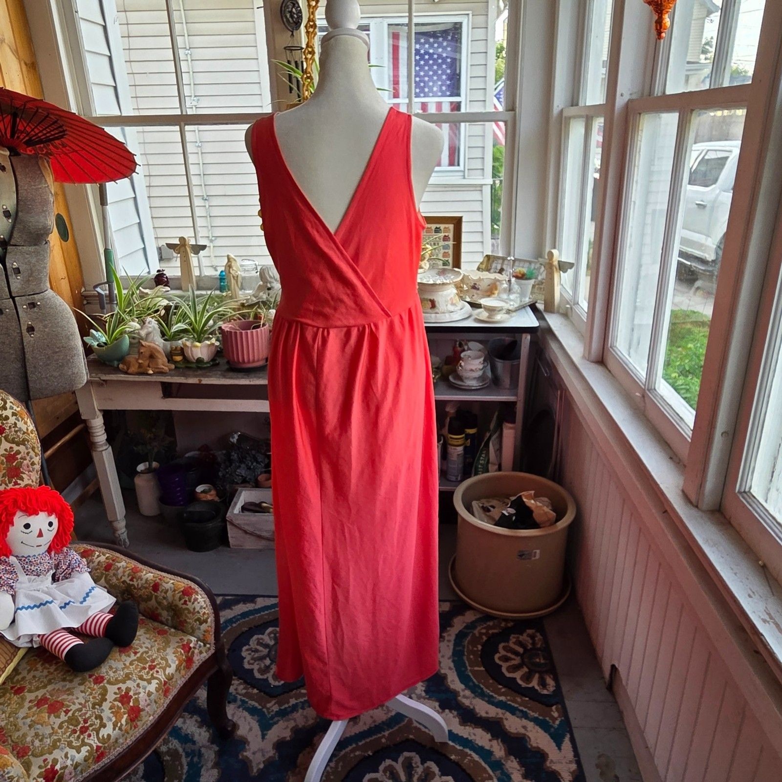 Vintage 1970s Coral Red Nylon Nightgown Maxi Gown Lace Empire Waist Medium