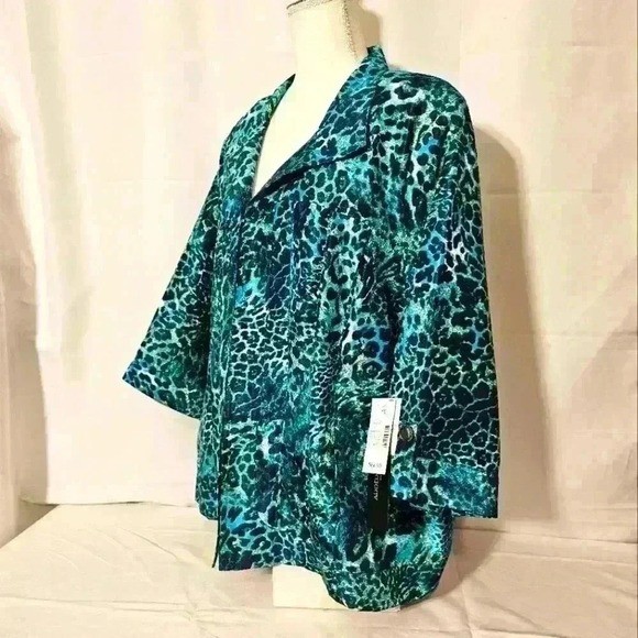 Added Dimensions Womens Top Jacket Colorful Blue & Black Animal Print