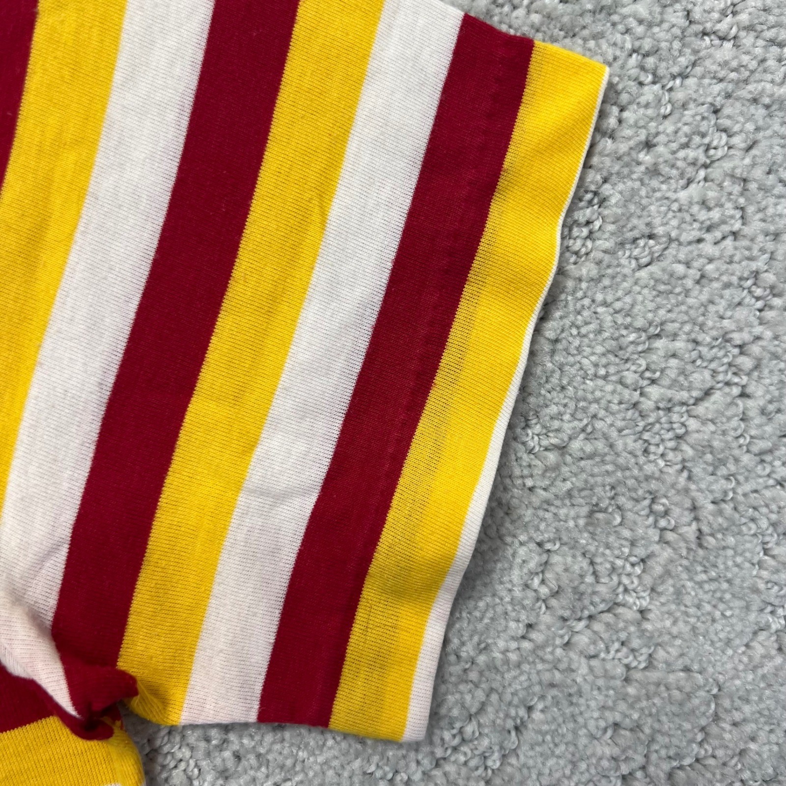VINTAGE 80s Nick Names T-Shirt Womens Small Red Yellow White Striped V-Neck