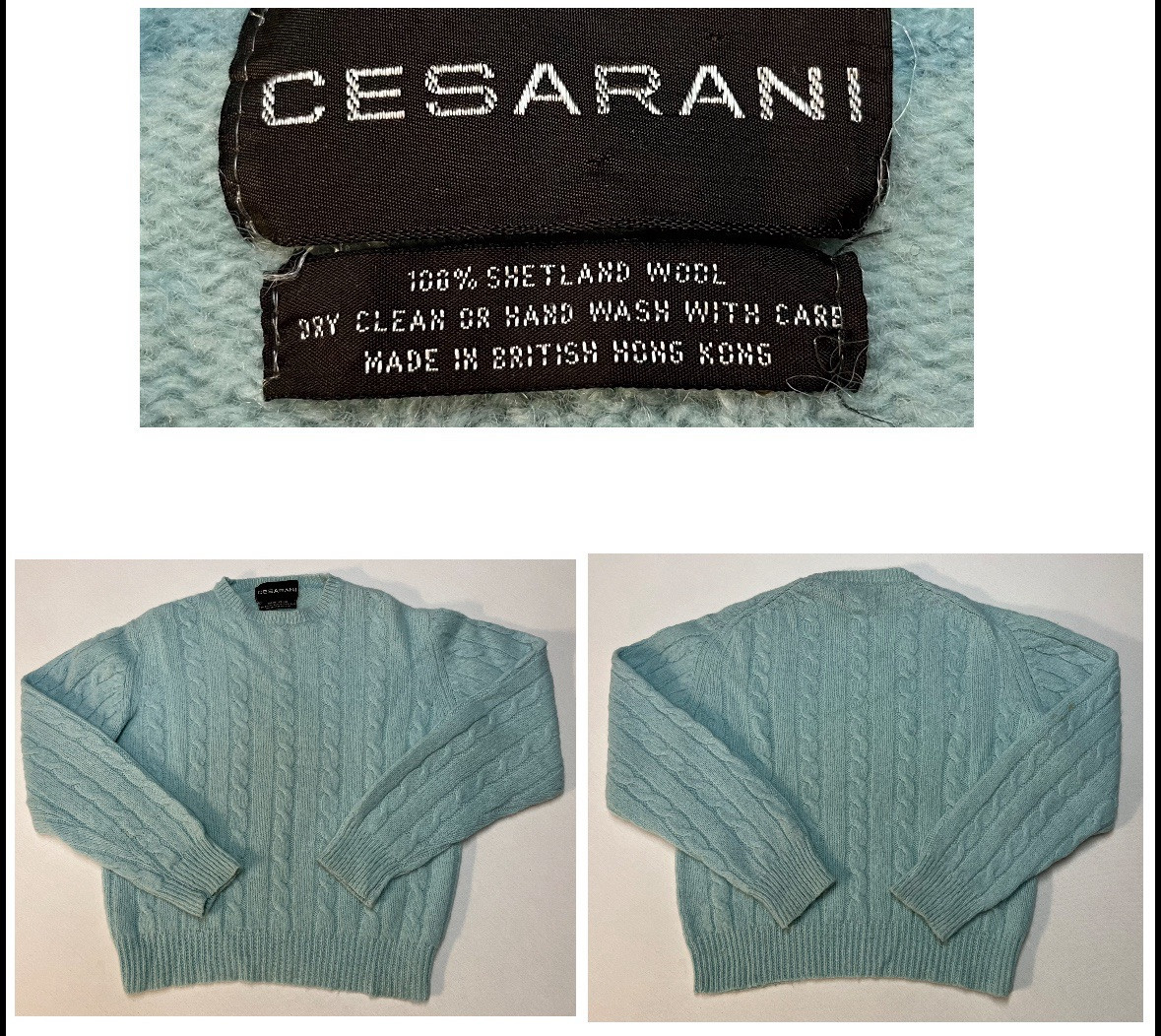 Vintage Cesarani Cable Knit Sweater 100% Shetland Wool Hong Kong Sz L Chest 42”