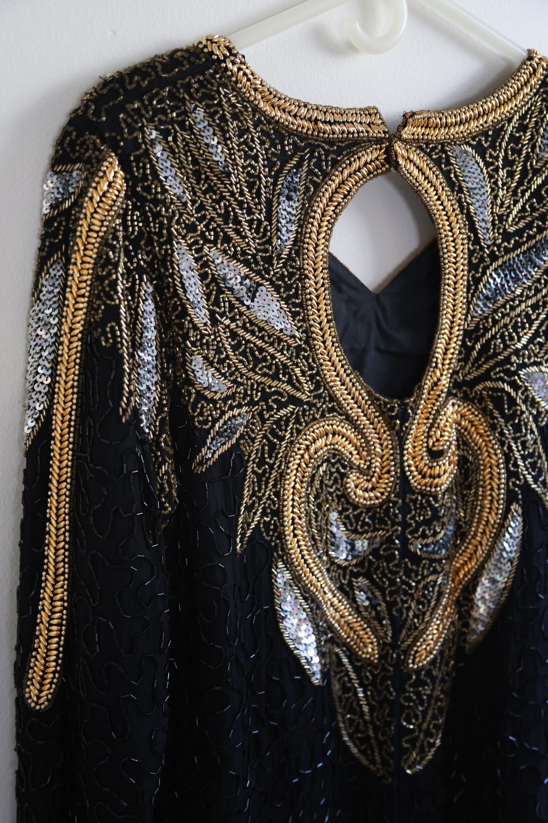 Vintage Jewel Queen 100% Silk Beaded Sequin Gown Dress Black Gold Silver Size 4