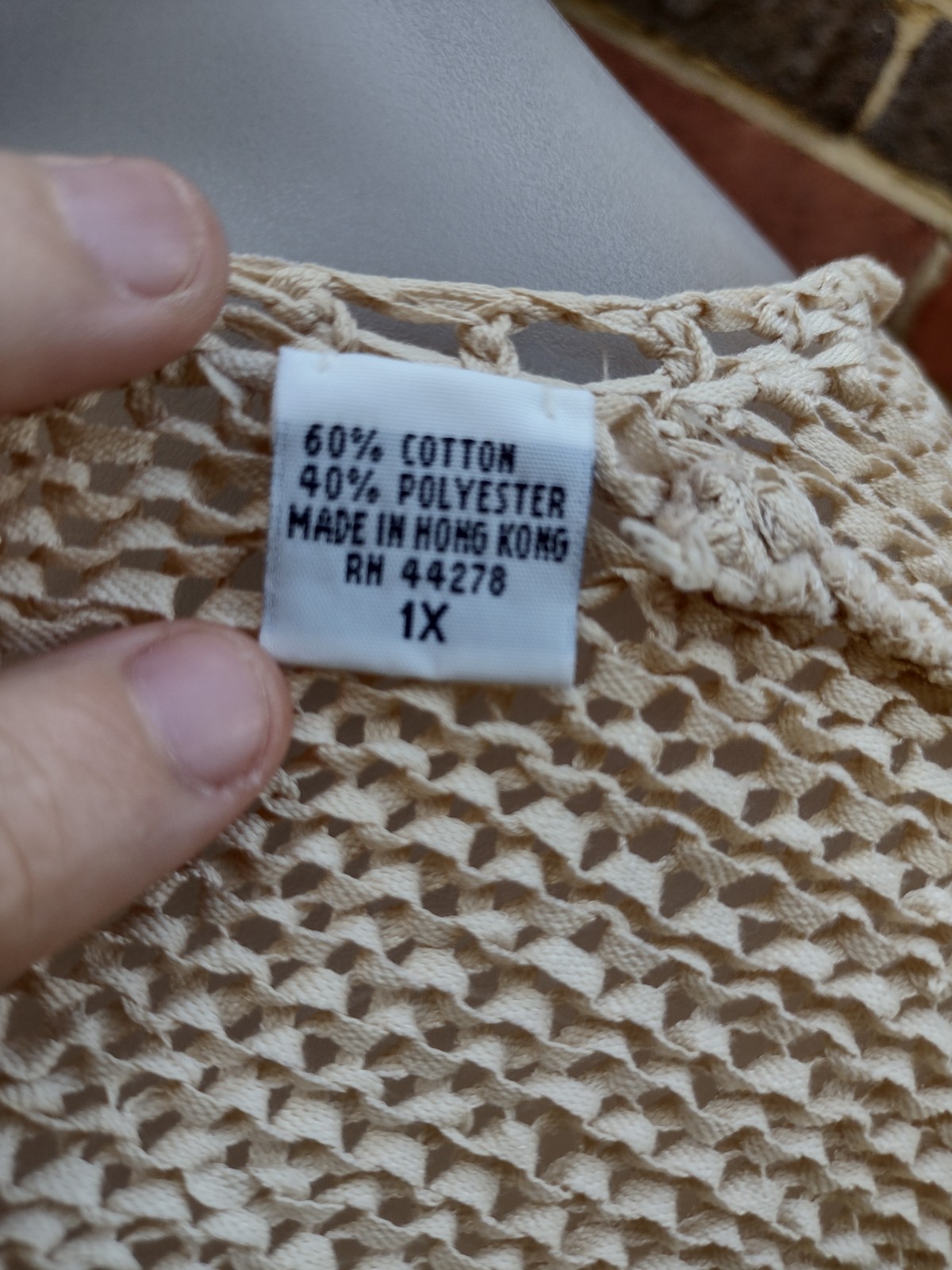 Open Knit Cardigan Sweater 1X Vintage 80s Oatmeal Tape Yarn Shell Buttons Boho