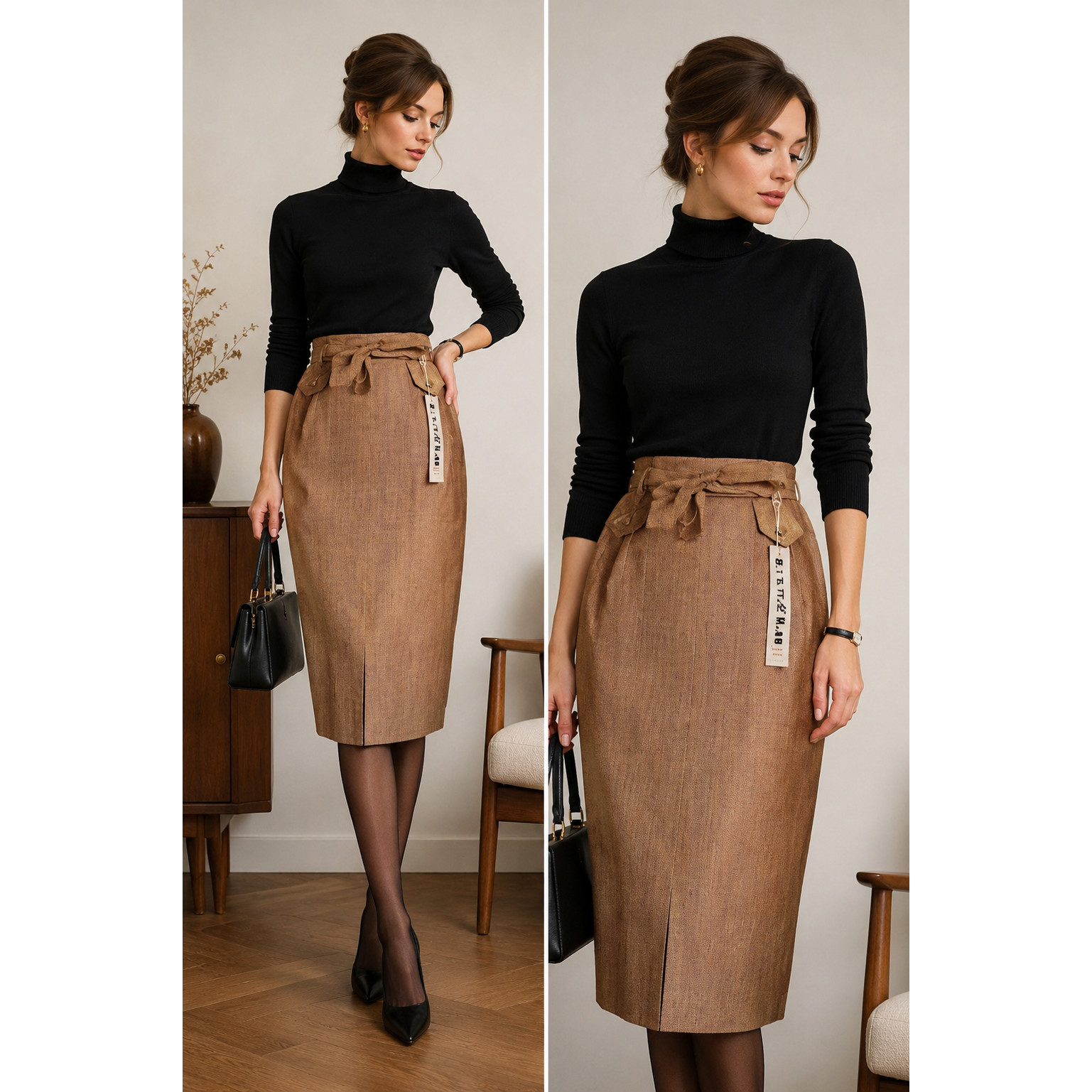 Vintage 1960s Wool Silk Tweed Pencil Skirt NOS Gold Belted Mod Secretary Size 10