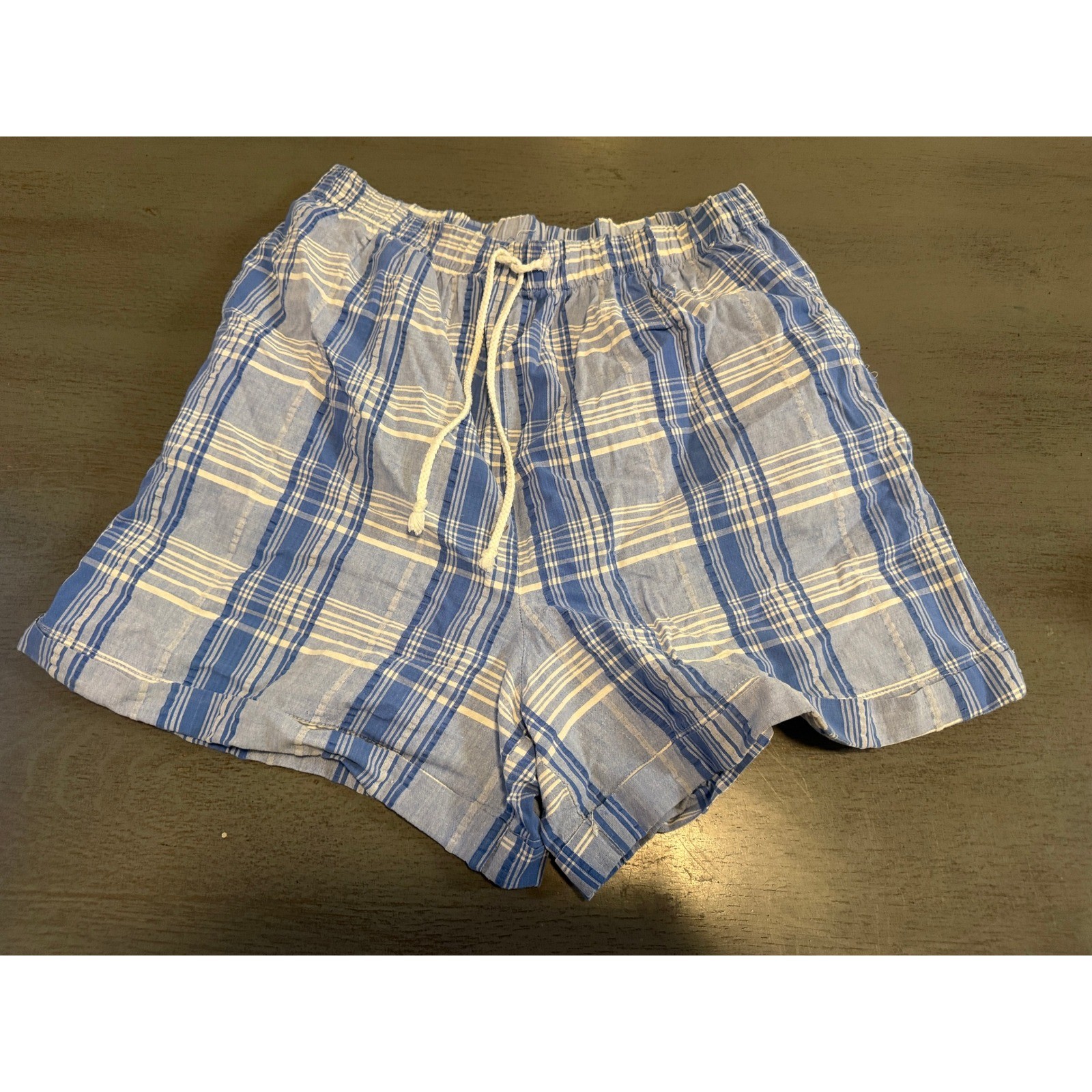 Vintage A Paquette California Plaid Shorts Blue White Drawstring Large USA Made