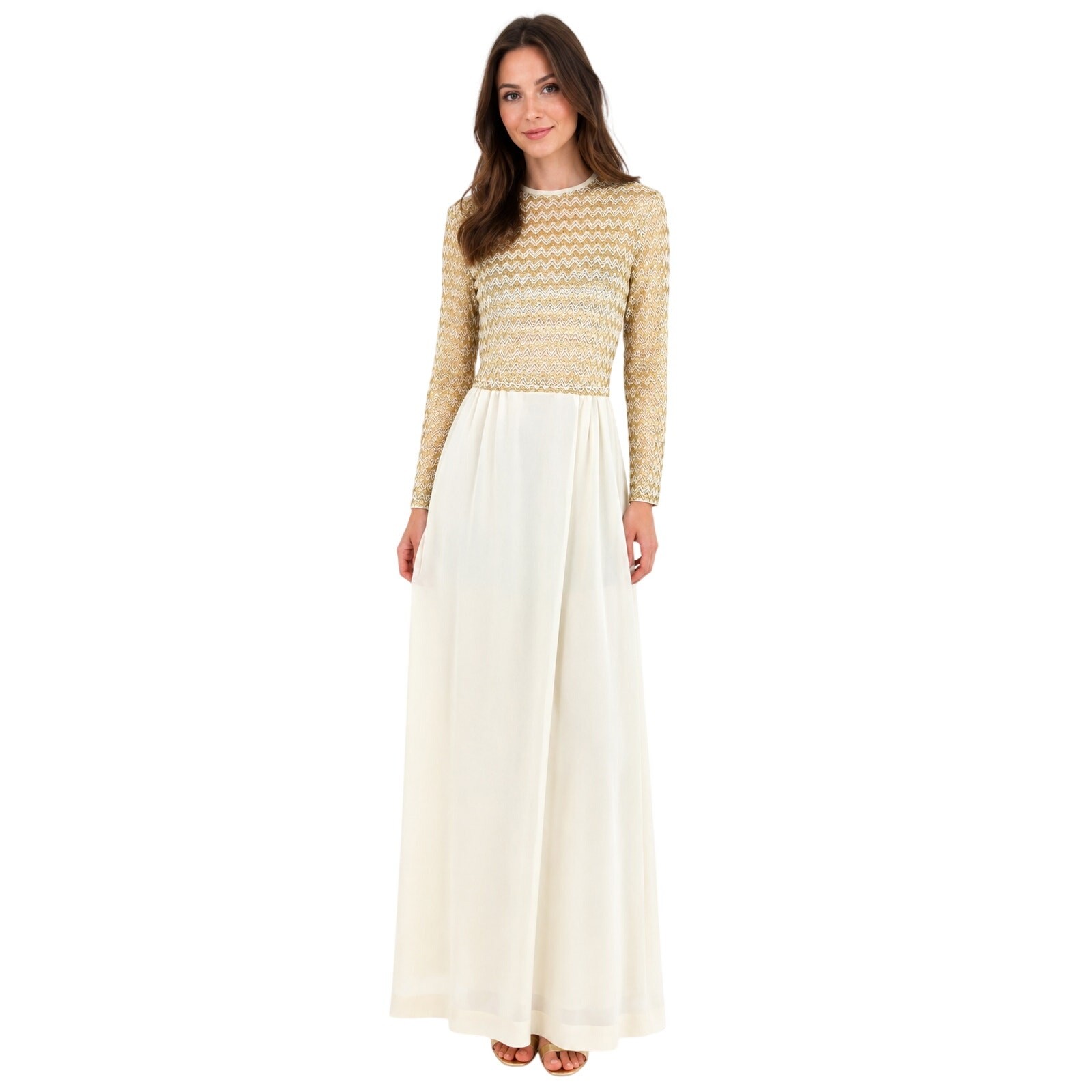 Vintage 1960s Ivory Gold Knit Maxi Dress Long Sleeve Sheer Bodice Women’s XS