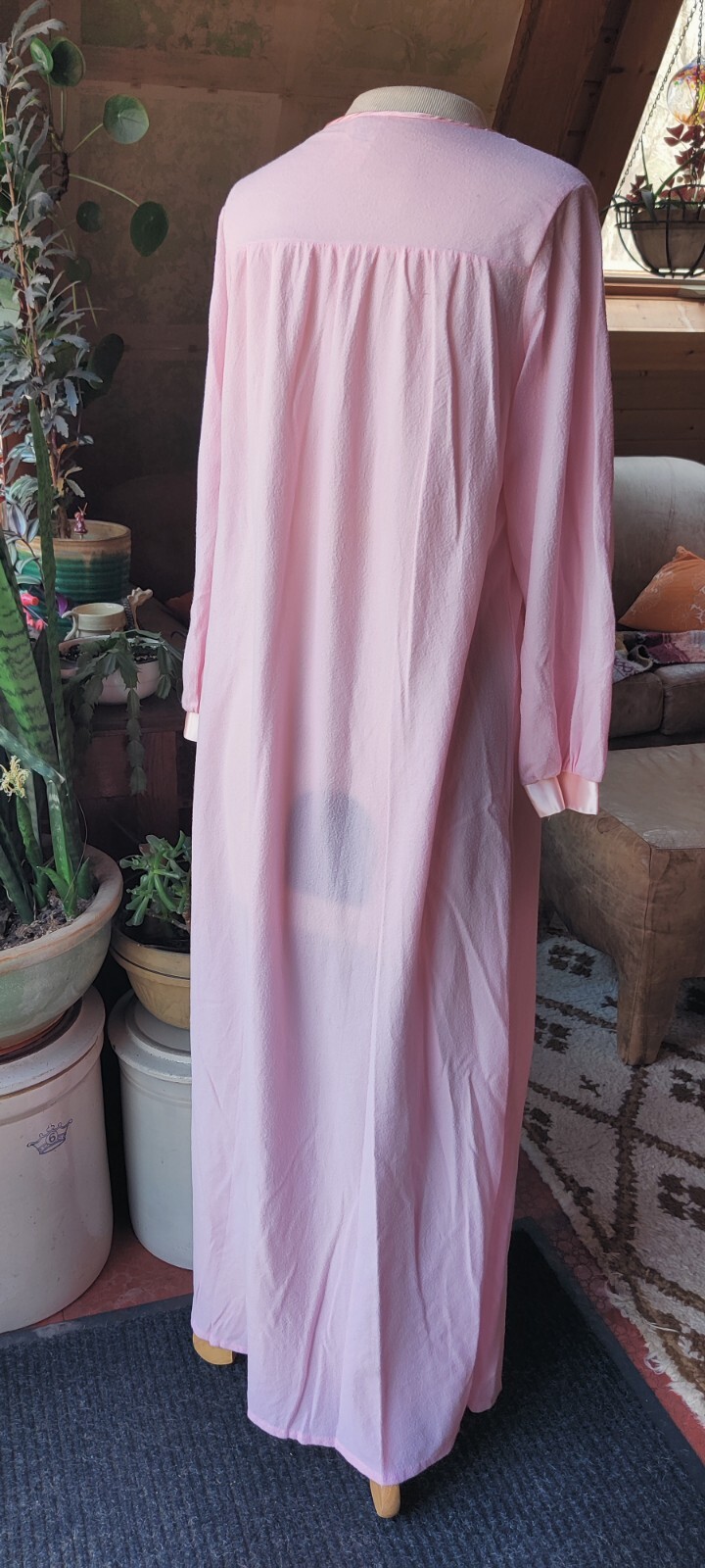 Vtg Long Nightgown Size S Lewis Frimel Maxi Long Sleeve Pink Satin Lace Grandma