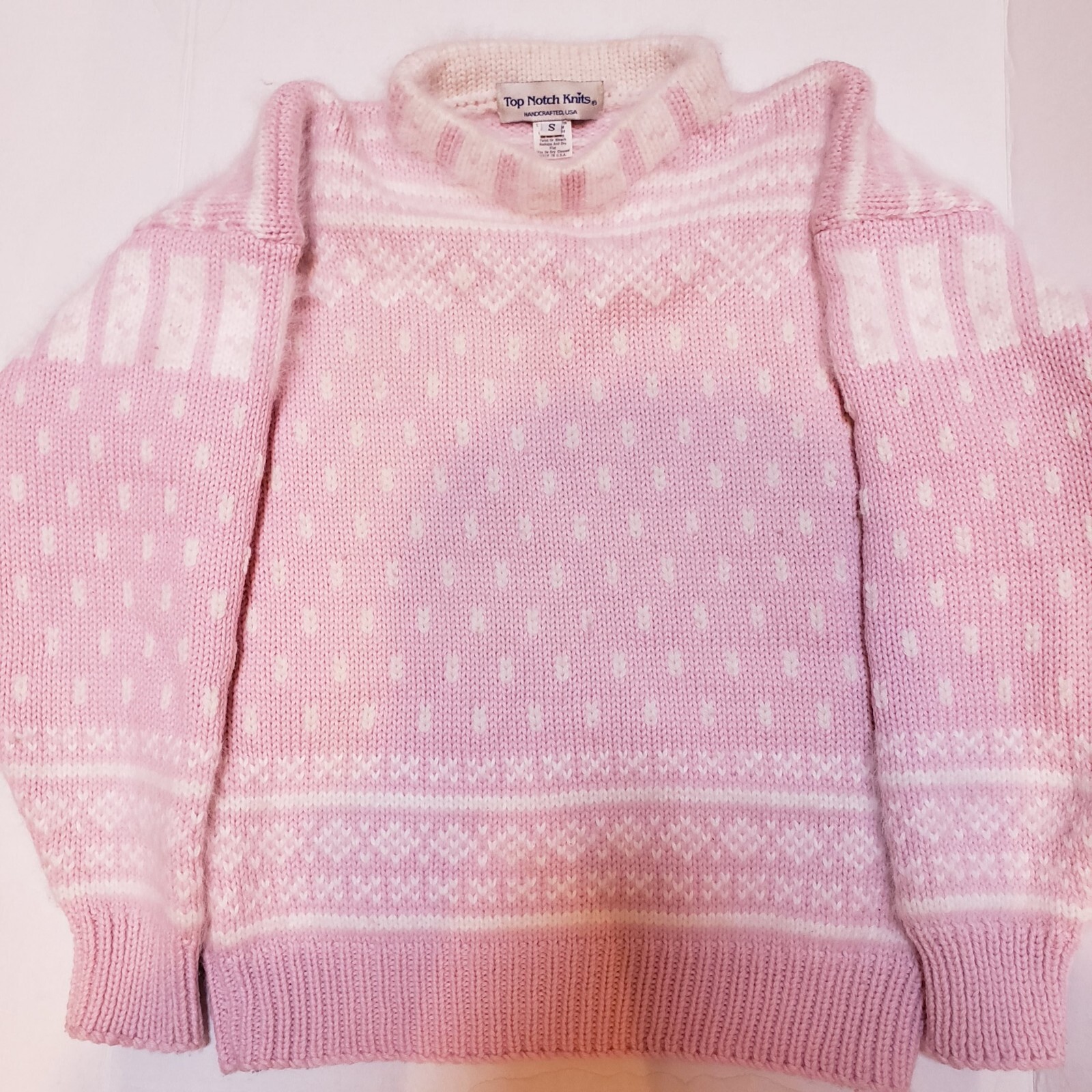 Vtg 80s Top Notch Knits Women’s Small 100% Wool Ski Sweater Snowflake Pink
