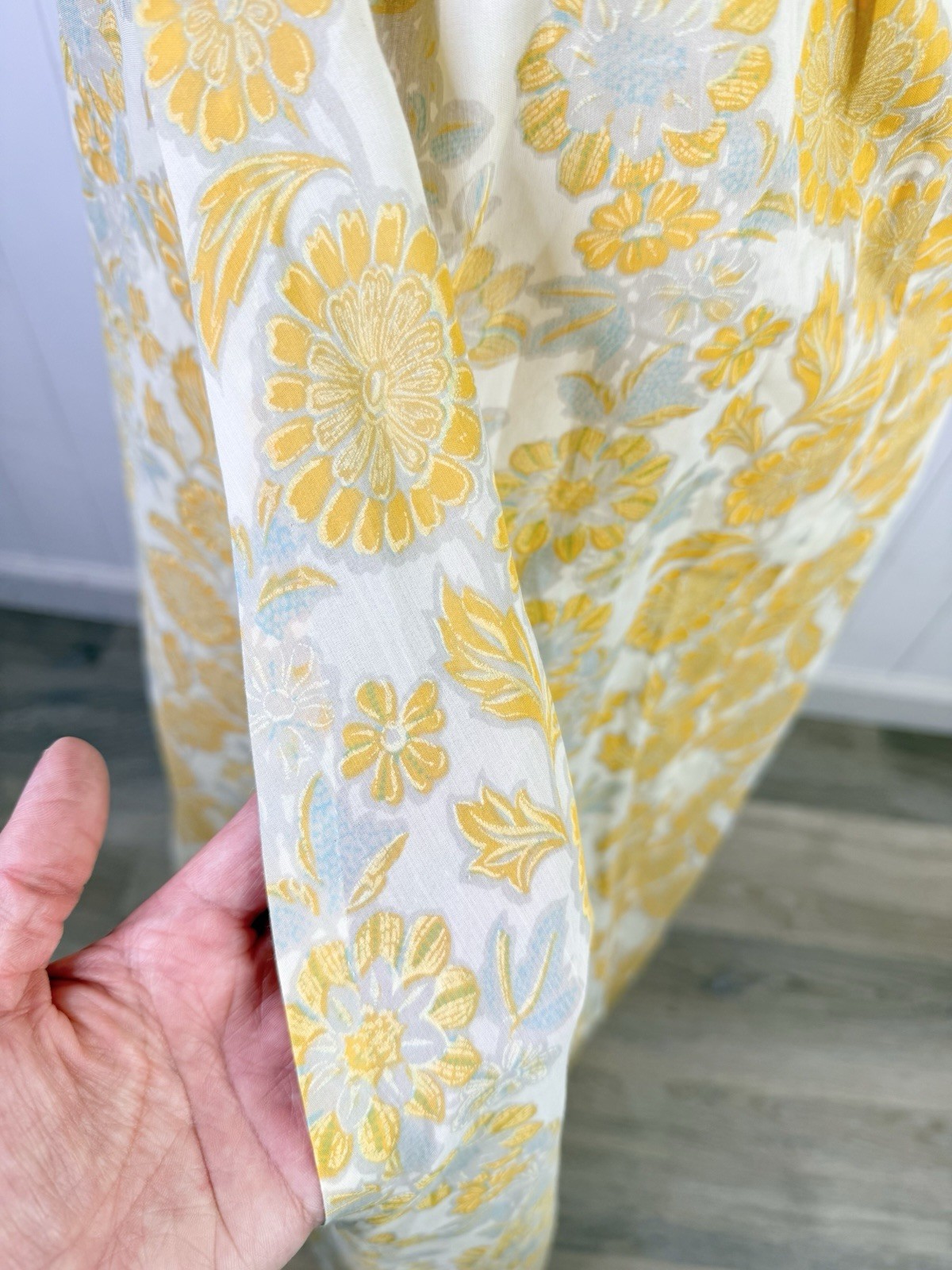Vintage 70s Yellow Retro Floral Handmade House Dress Housewife Lace Trim