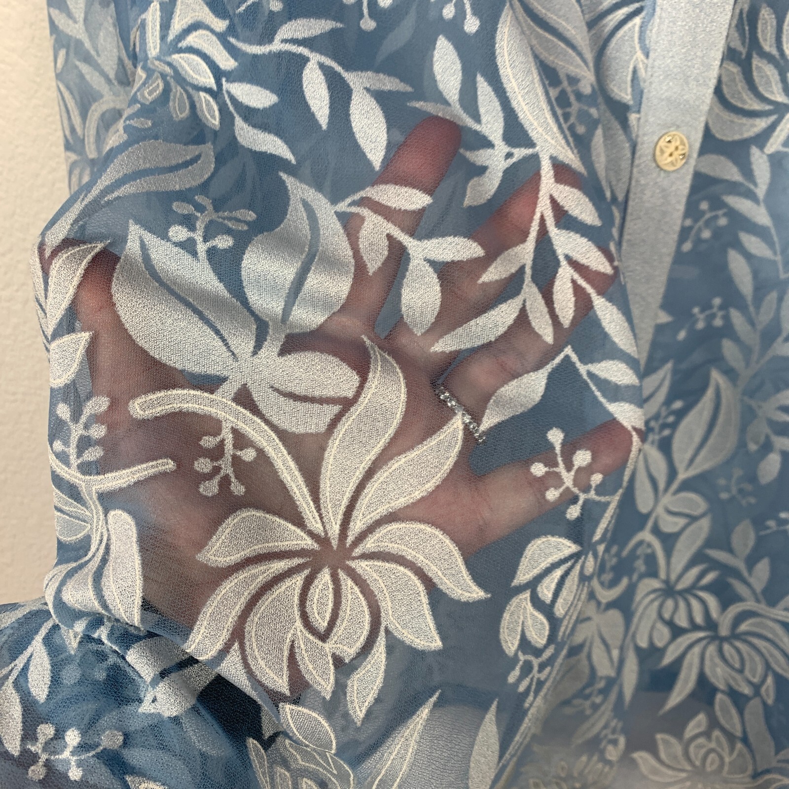 Vintage Dallas Fashion Sheer Blue Floral Overprinted Dainty Dress Shirt Chest 44