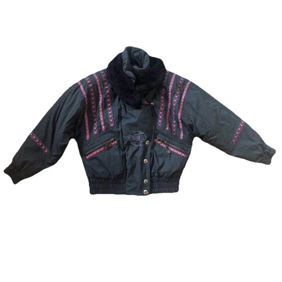 VTG Head Skiwear Women Sz 8 M BLK Southwestern Embroidery Bomber Ski Jacket 1202