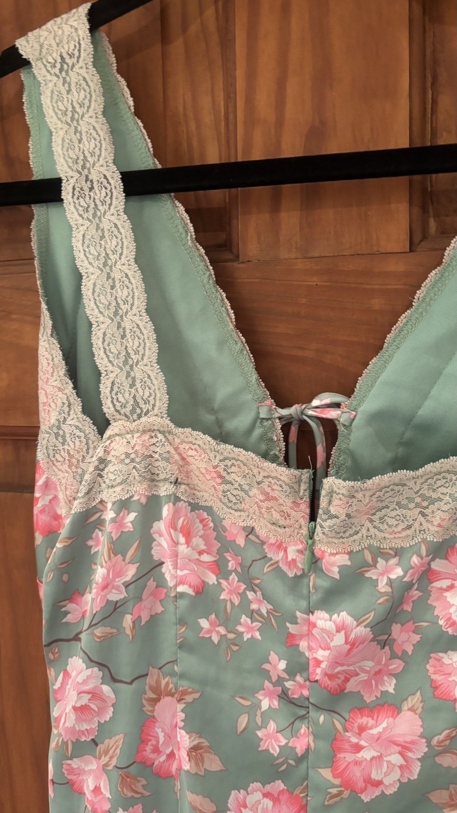 90’s Vintage Slip Dress, Maxi Length, Deep V, Silky Green Floral, Size L
