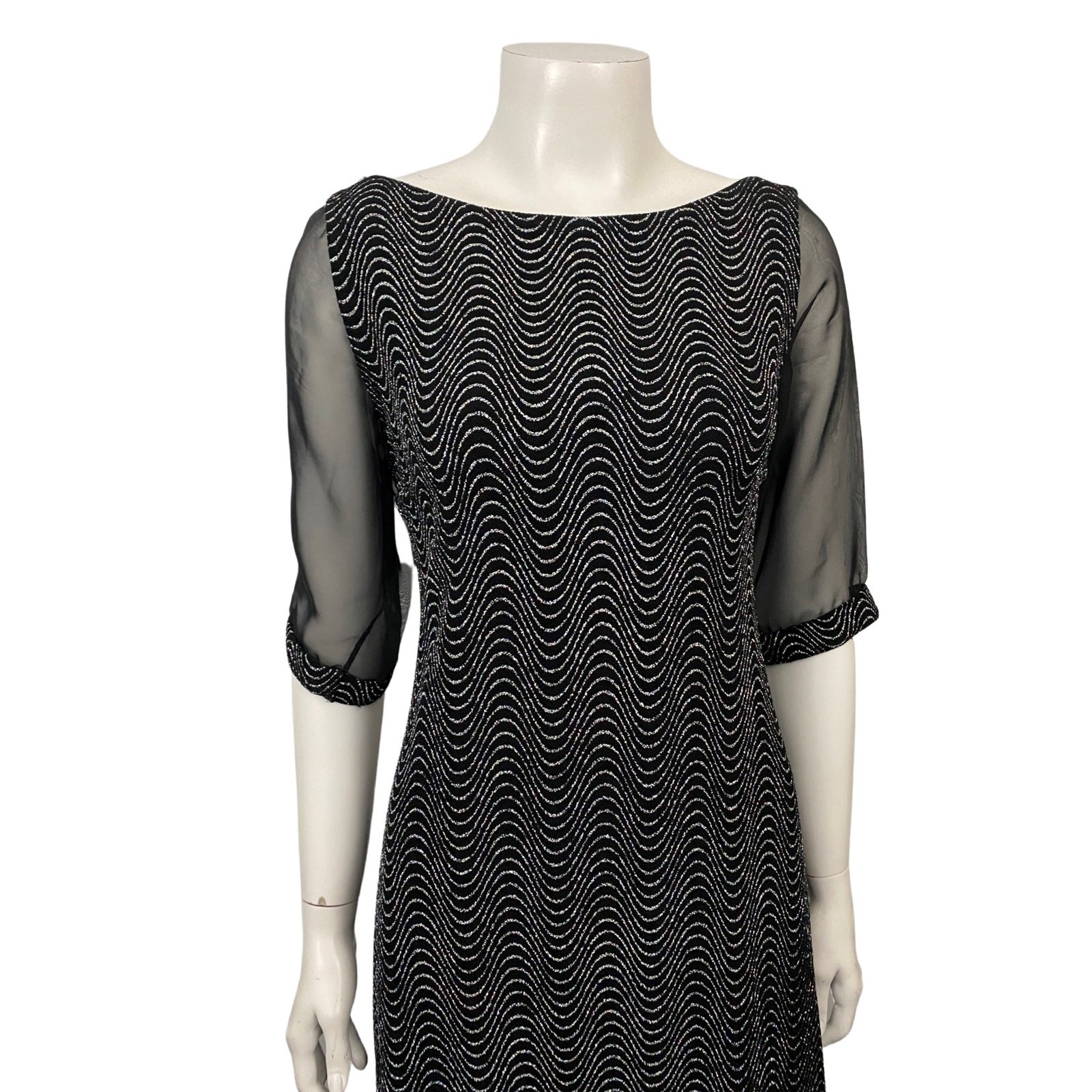 90s Black Sheer Sparkle Maxi Prom Dress Sheer Sleeves Open Back Small ^