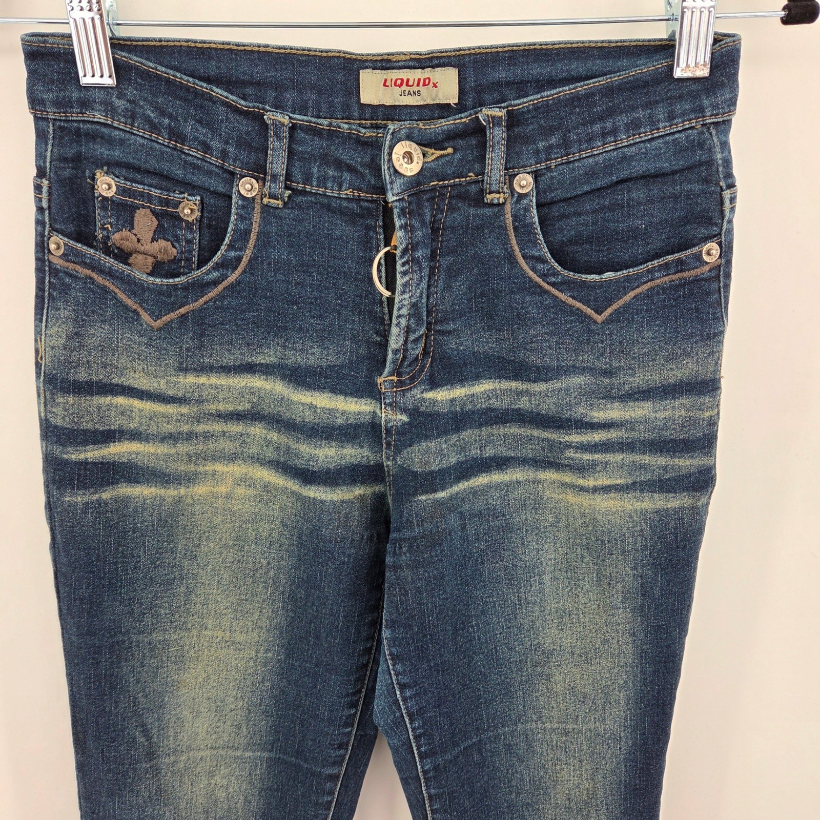 Liquid X Jeans Womens 3 Dark Wash Flare Velvet Applique Y2K Vintage Retro