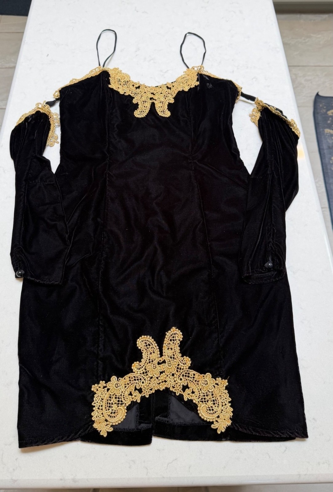 Vintage Fashion 1001 Nights Black Velvet Gold Lace Off Shoulder Dress USA Sz 13