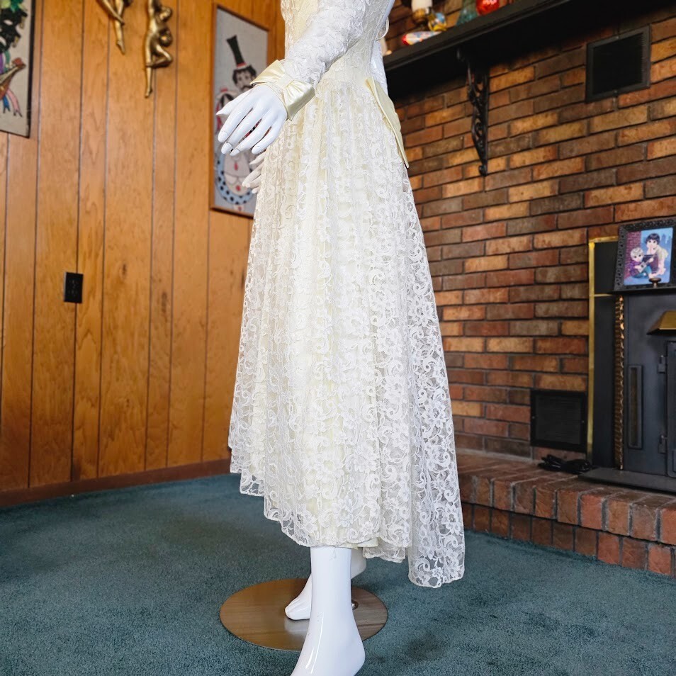 Vtg 80s Victorian Lace Alfred Angelo Illusion White Wedding Puff Dress Gown S