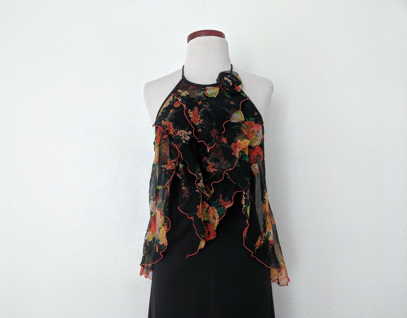 Vintage 70s Black Floral Maxi Dress, 1970s Boho Halter Top Long Jersey Dress
