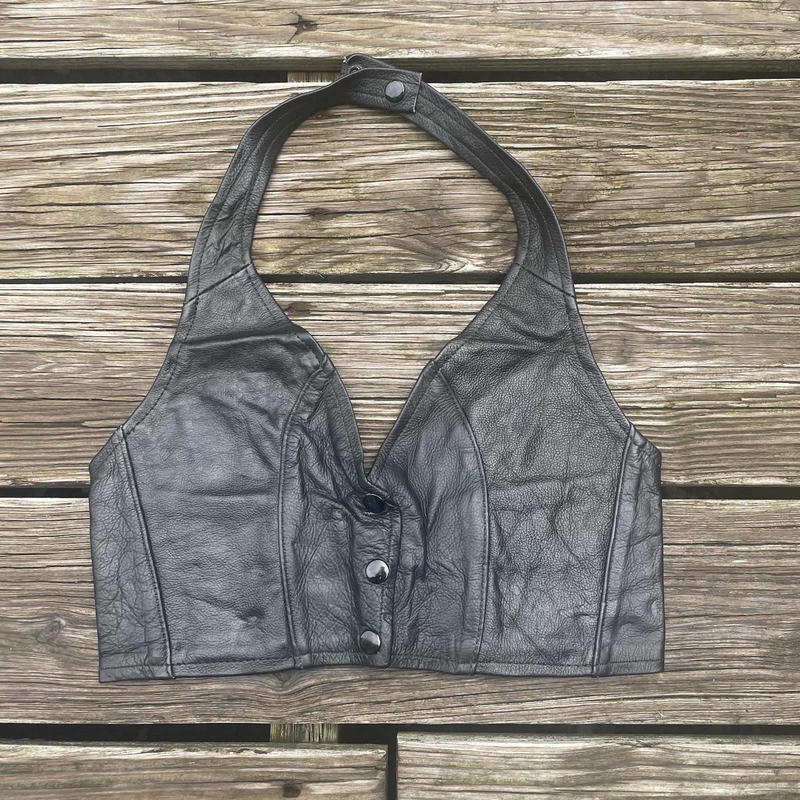 Vtg Leather Biker’s Dream Apparel Crop Vest Tank Top Bra Glam Rock Shirt S