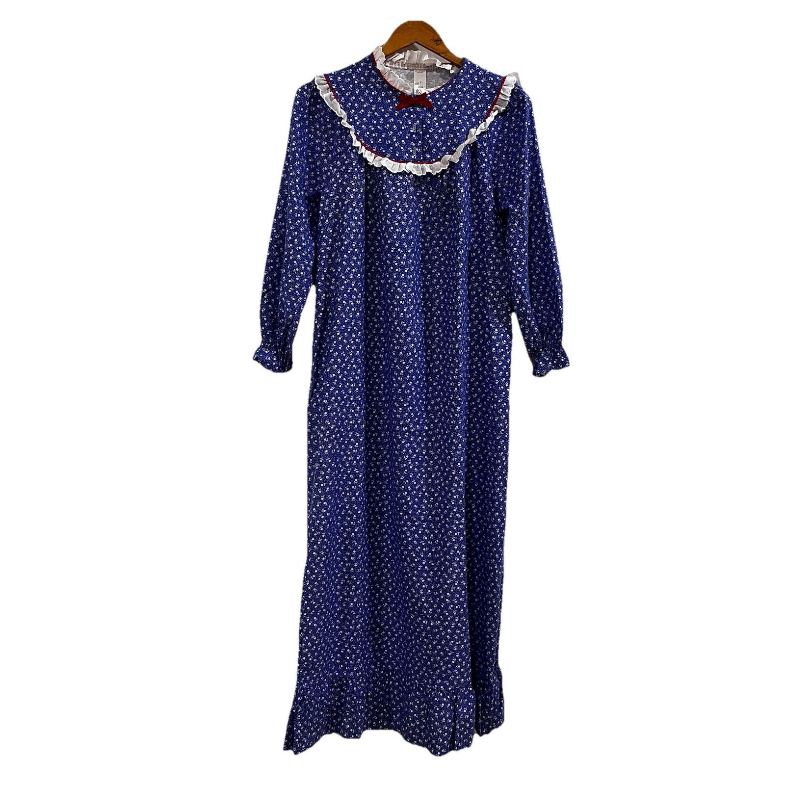 Vtg Flannel Nightgown Granny Cottage Blue Floral Lace Jr Sz 11 Made In USA