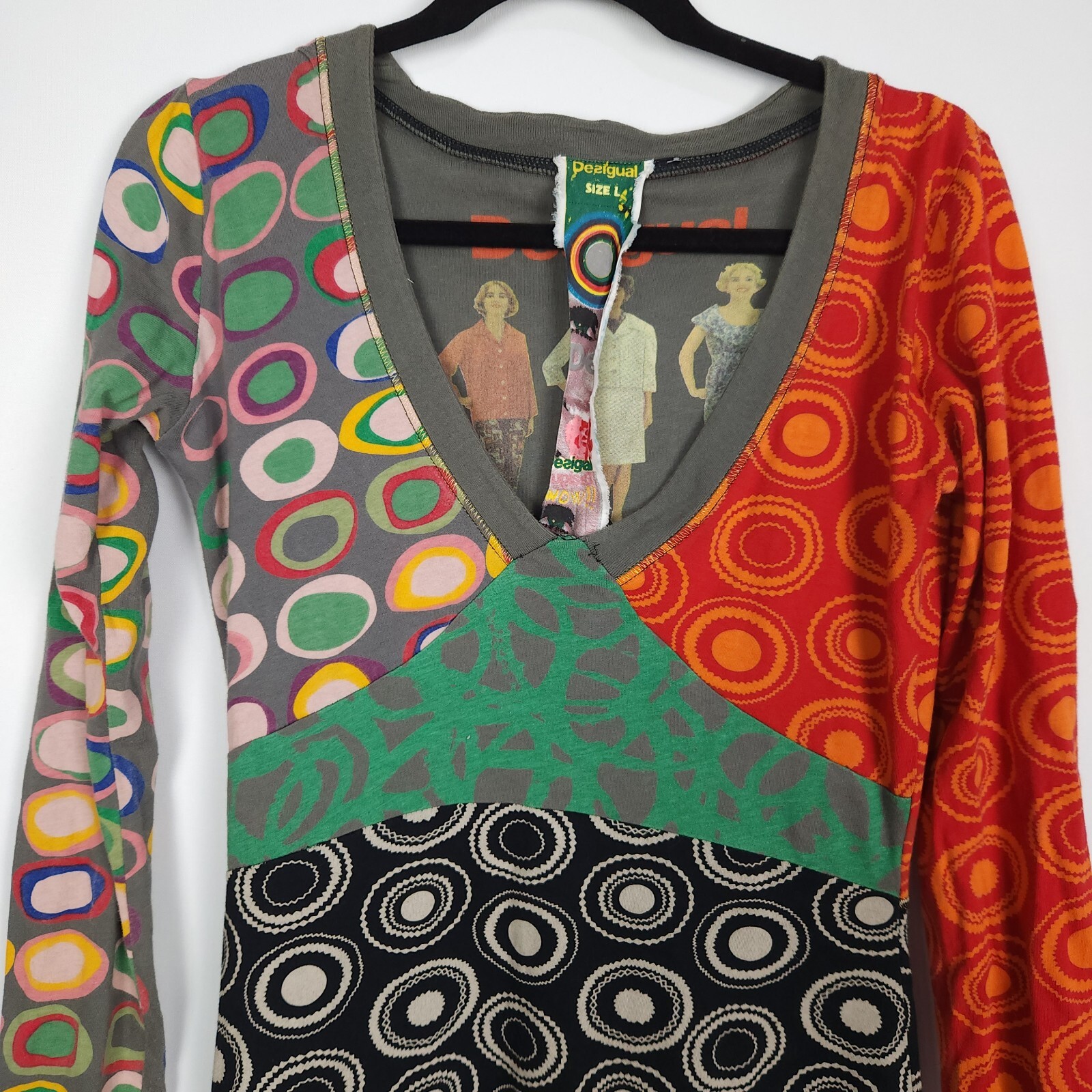 Vintage Desigual Dress Ladies L Retro Rainbow Midi Graphic Applique Embroidered