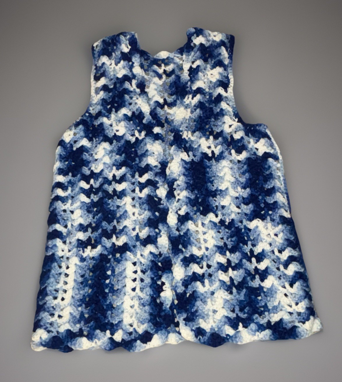 Vintage Hand Crochet Vest Open Front Blue White Boho Approx. Size Med