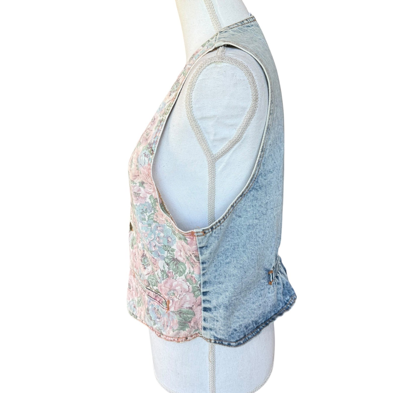 Zena Vintage Floral Denim Vest Womens Large Made in USA Acid Wash Cottagecore