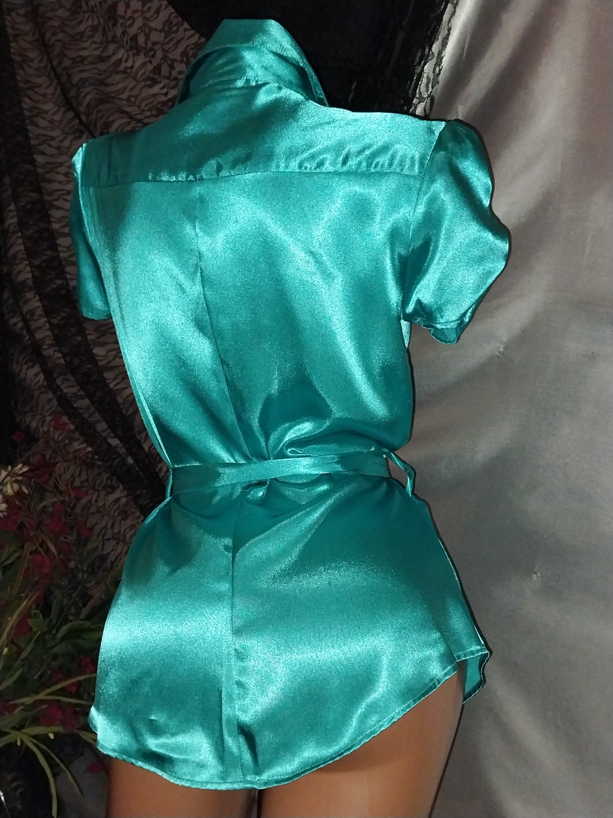 VTG SATIN SHINY POPPING TEAL BUTTON UP BLOUSE CAP SLV RUCHED TOP GLAM LIQUID S