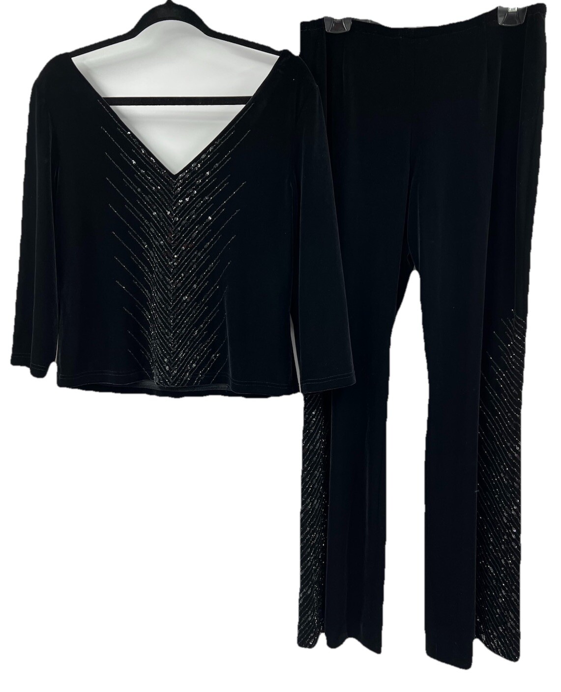 Vintage Adrianna Papell Black Velour Flare Pants Set with Beaded Sequins 12