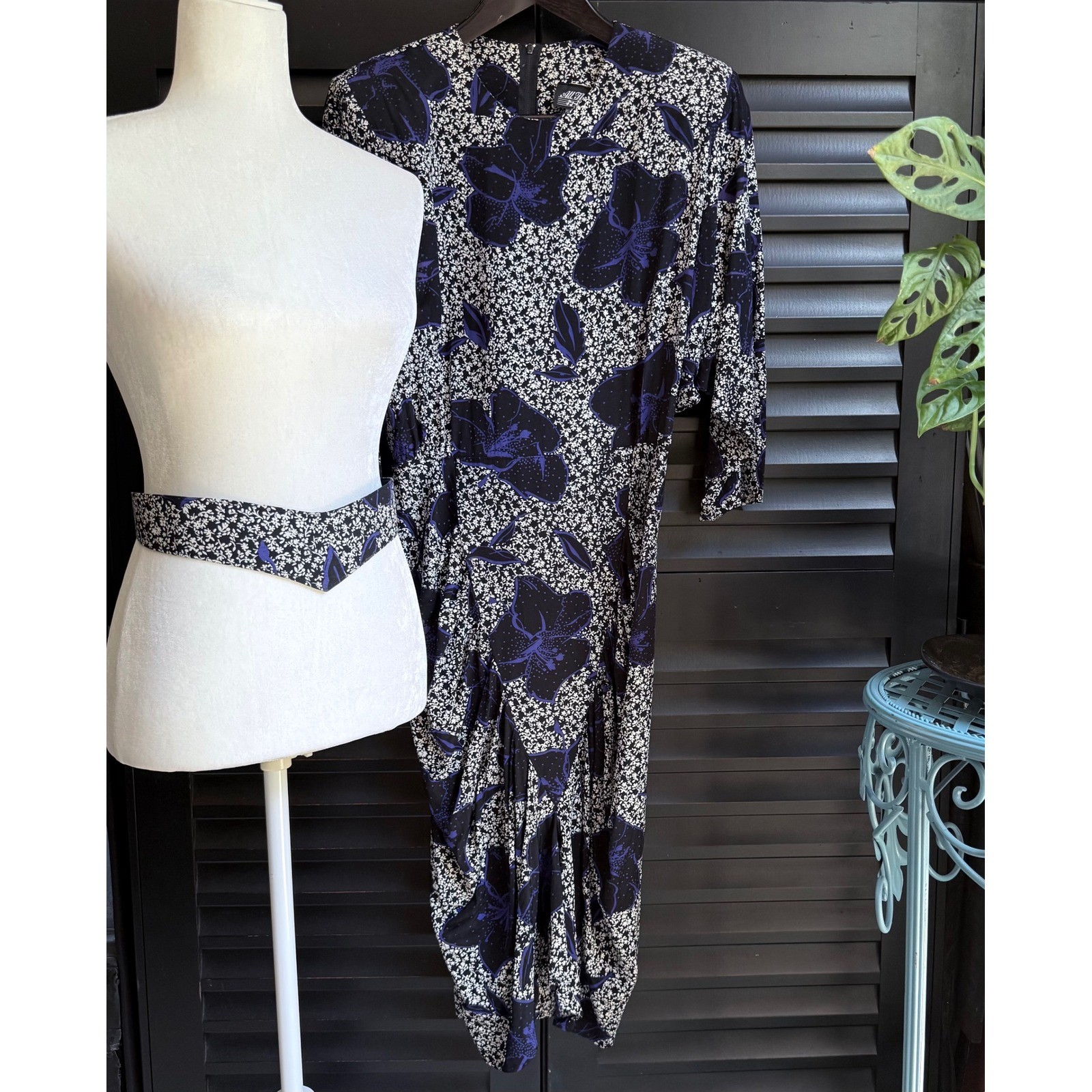 VTG Blue Floral Dolman Sleeve All That Jazz Dress Midi Belt Shoulder Pads