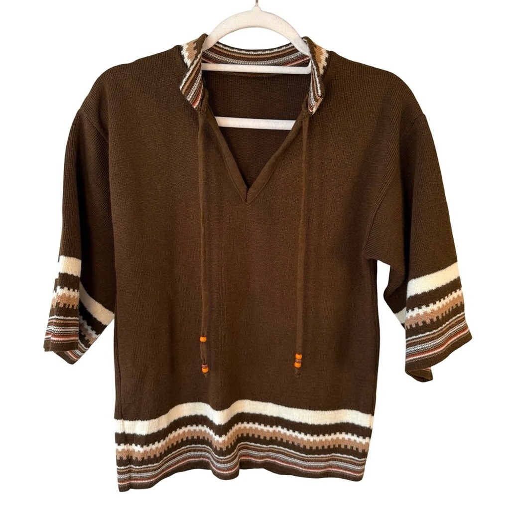 Vintage 70s Boho Brown Striped Sweater Size XS S Retro Unisex Cozy Classic