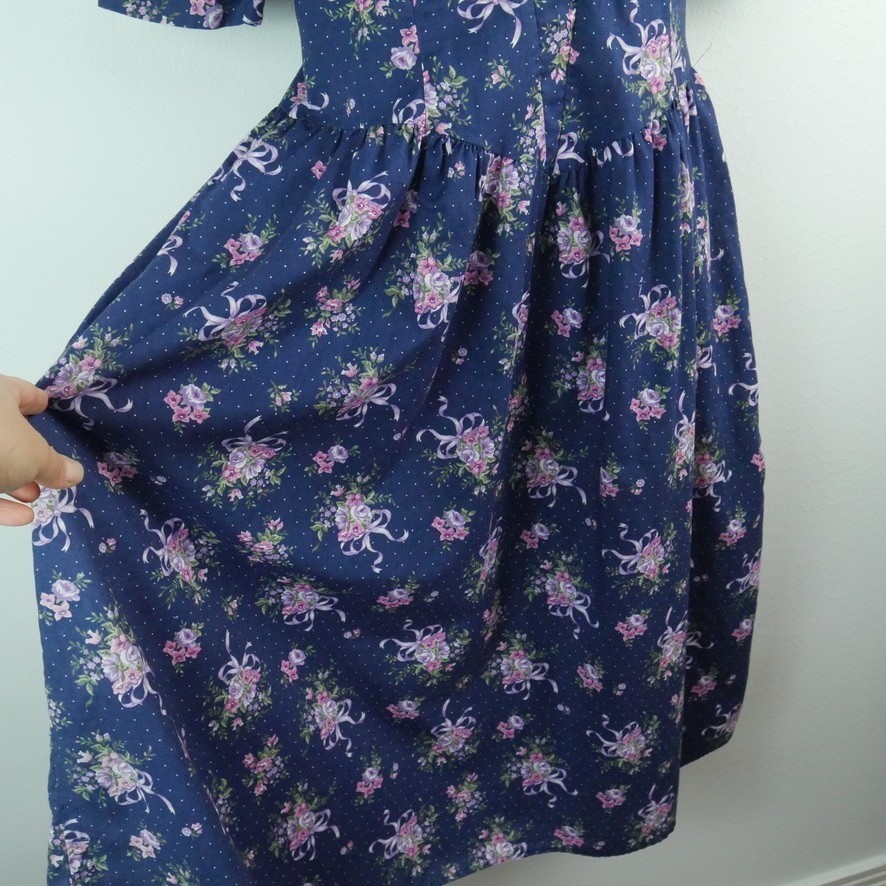 Vintage Floral Lace Collar Midi Dress Cottagecore Puff Sleeve Tea Garden S M 80s
