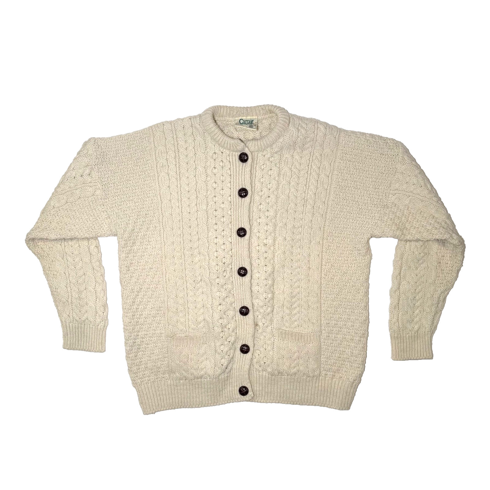 Vintage Carraig Donn Ivory Wool Knit Button Front Cardigan Sweater X-Large