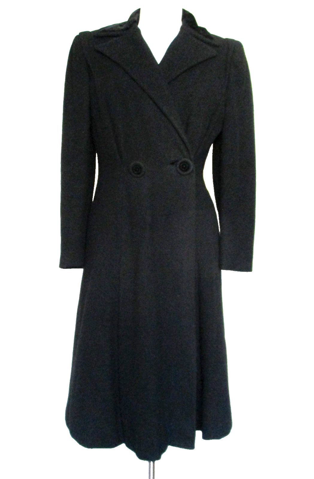 Vintage 40s 50s Black Wool Princess Coat Swing Fitted Heavy Midi S Women