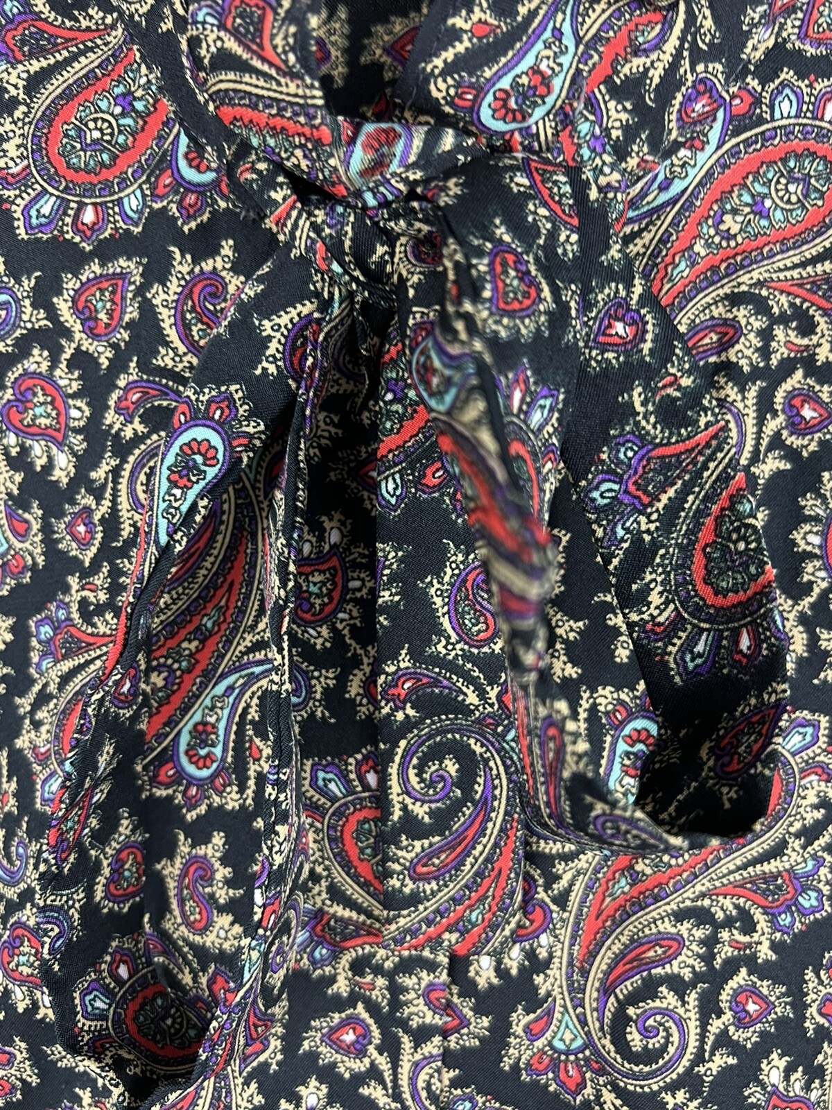 VTG 1970’s Rhoda Lee Polyester Neck Tie Blouse 12 Paisley Ruffles Dark Academia