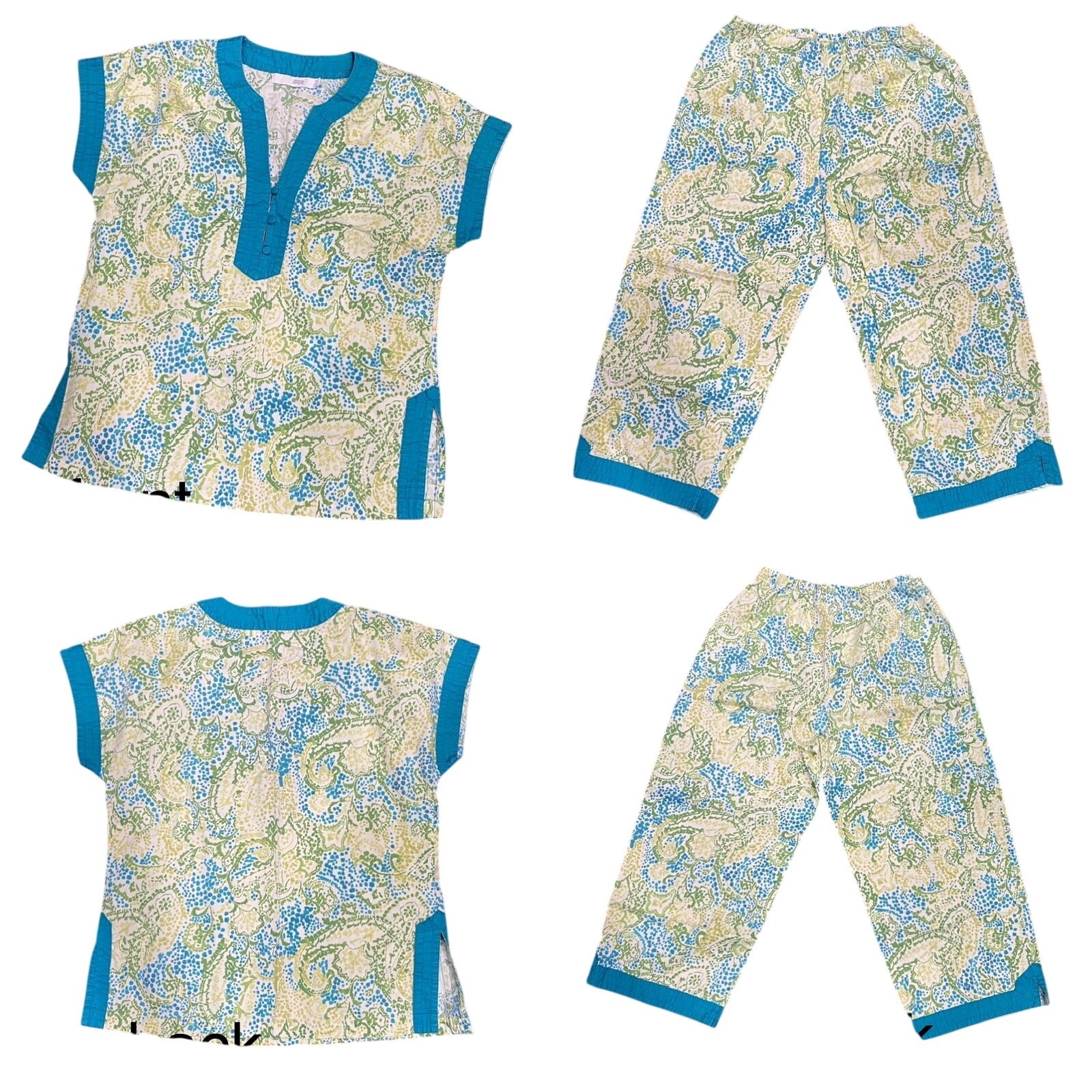 I. MAGNIN Vintage Pajamas Size Medium Teal Green Paisley Print Top and Bottom