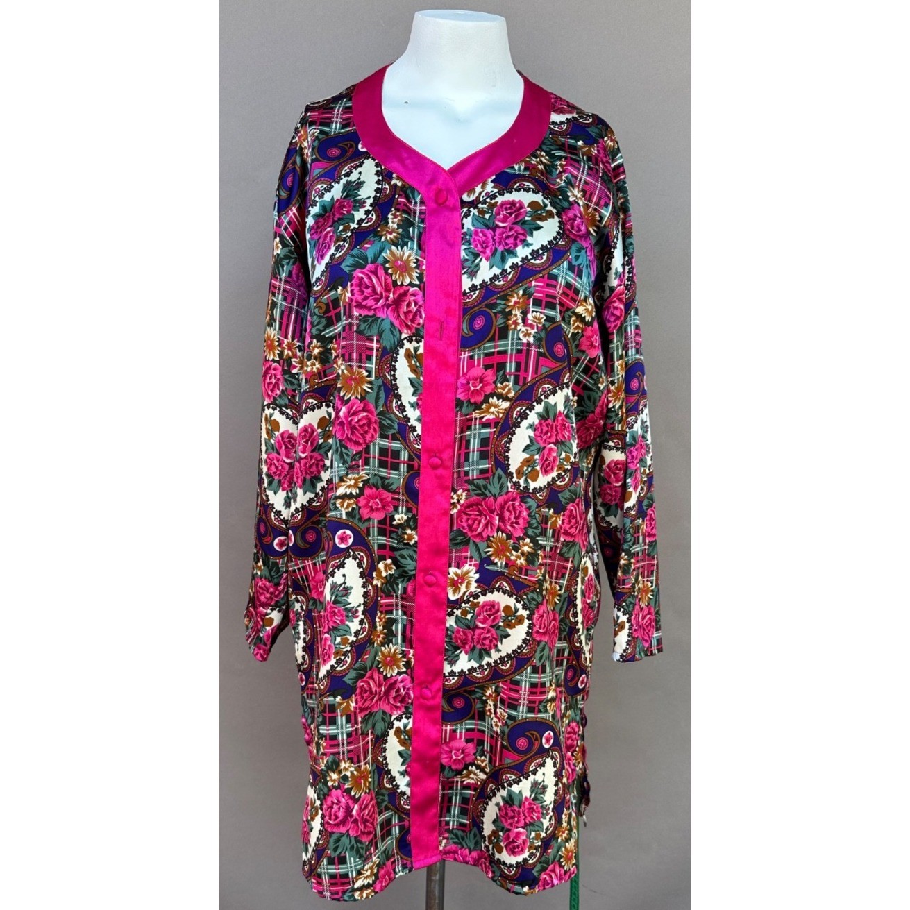 Vintage Dora C Night Shirt M Satin Floral Plaid Paisley Grandmacore Pink 80s