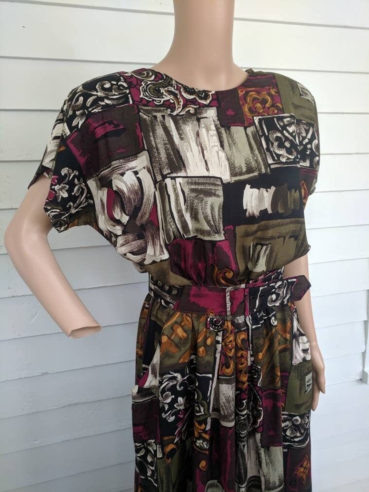 80s Print Dress Button Back Vintage Paquette S