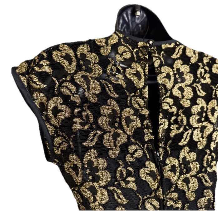 Vintage 80’s Late Edition Black Sheer Gold Floral Tier Ruffle Mini Dress Size 8