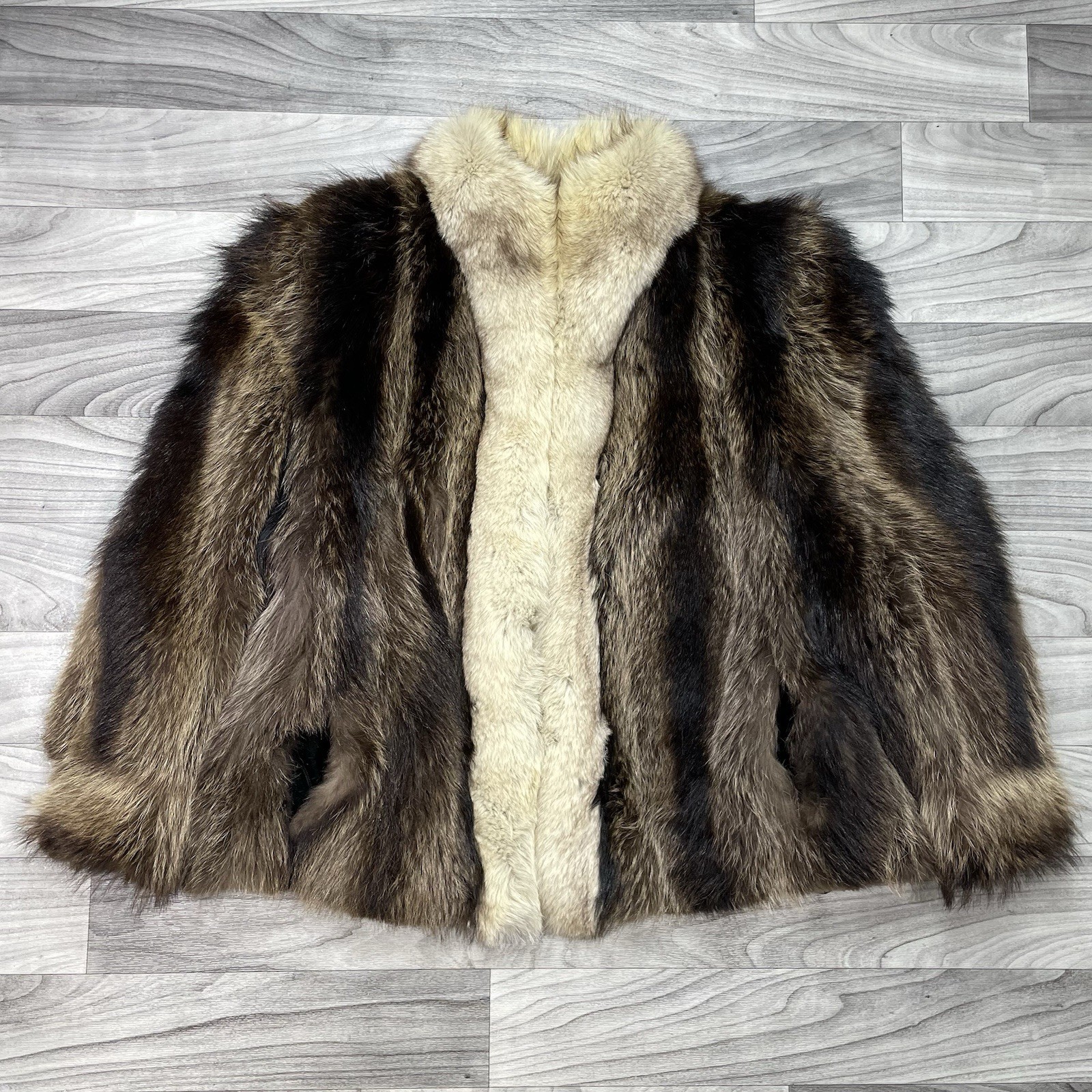 Vintage Raccoon Fur Coat Womens Large w/ Fox Fur Trim Hook Loop Luxurious 70s